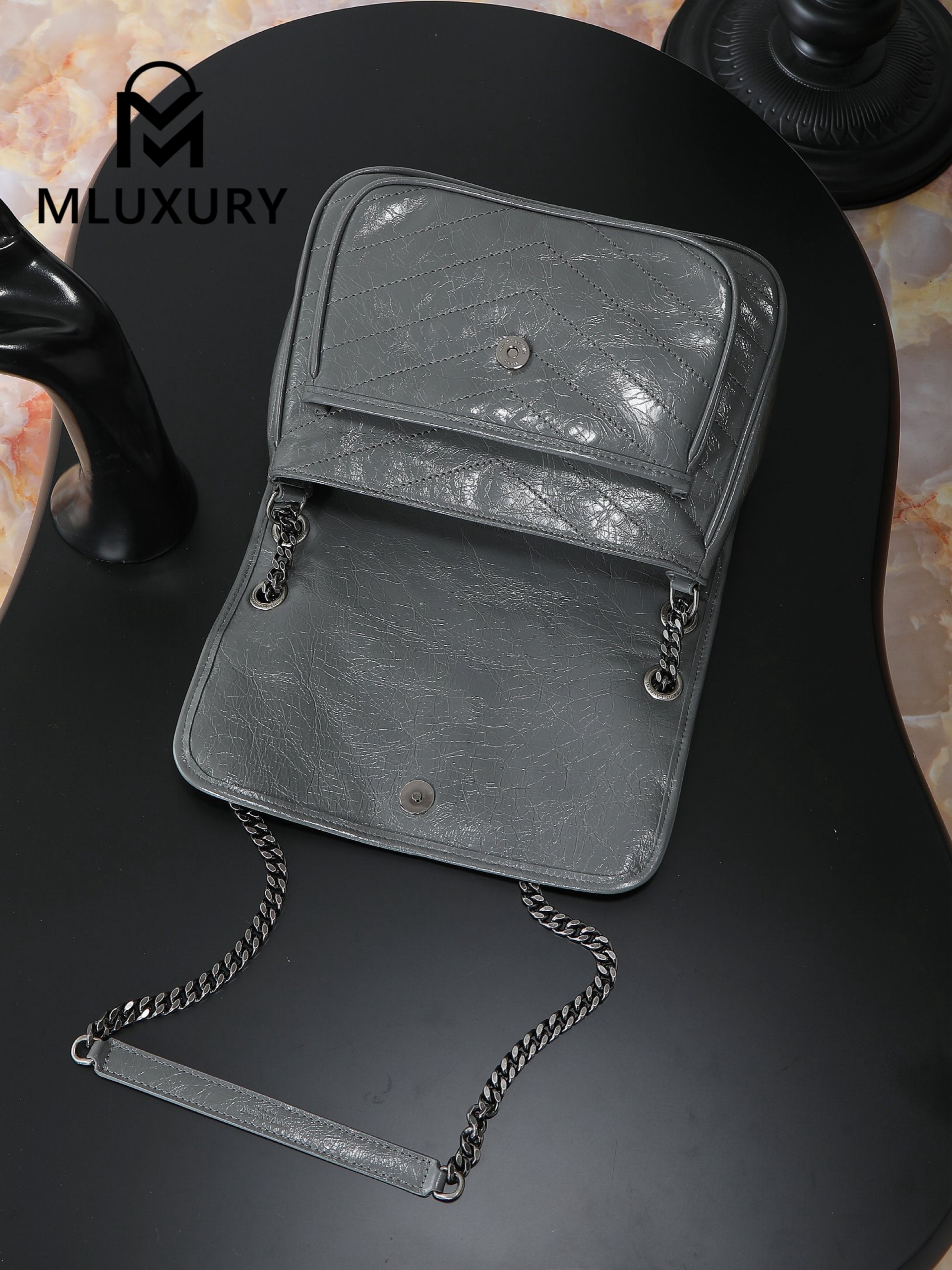 YSL Niki Dark Grey Oil-Wax Leather · 28cm