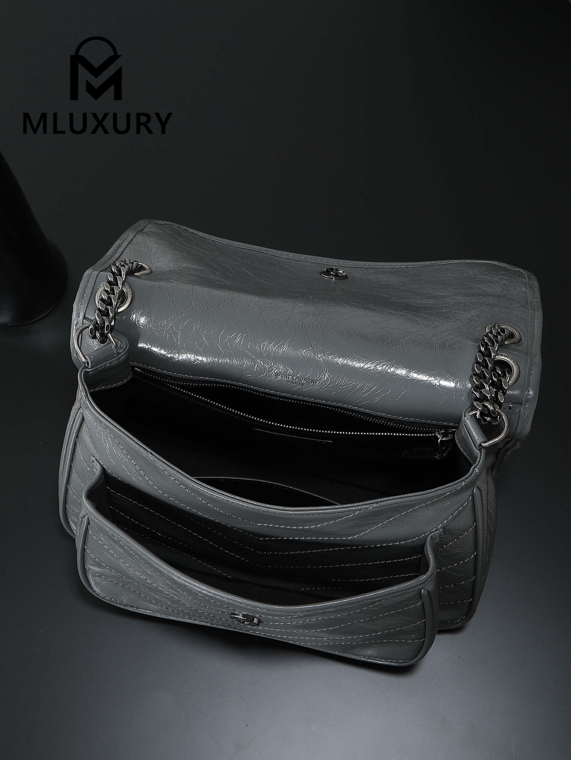 YSL Niki Dark Grey Oil-Wax Leather · 28cm