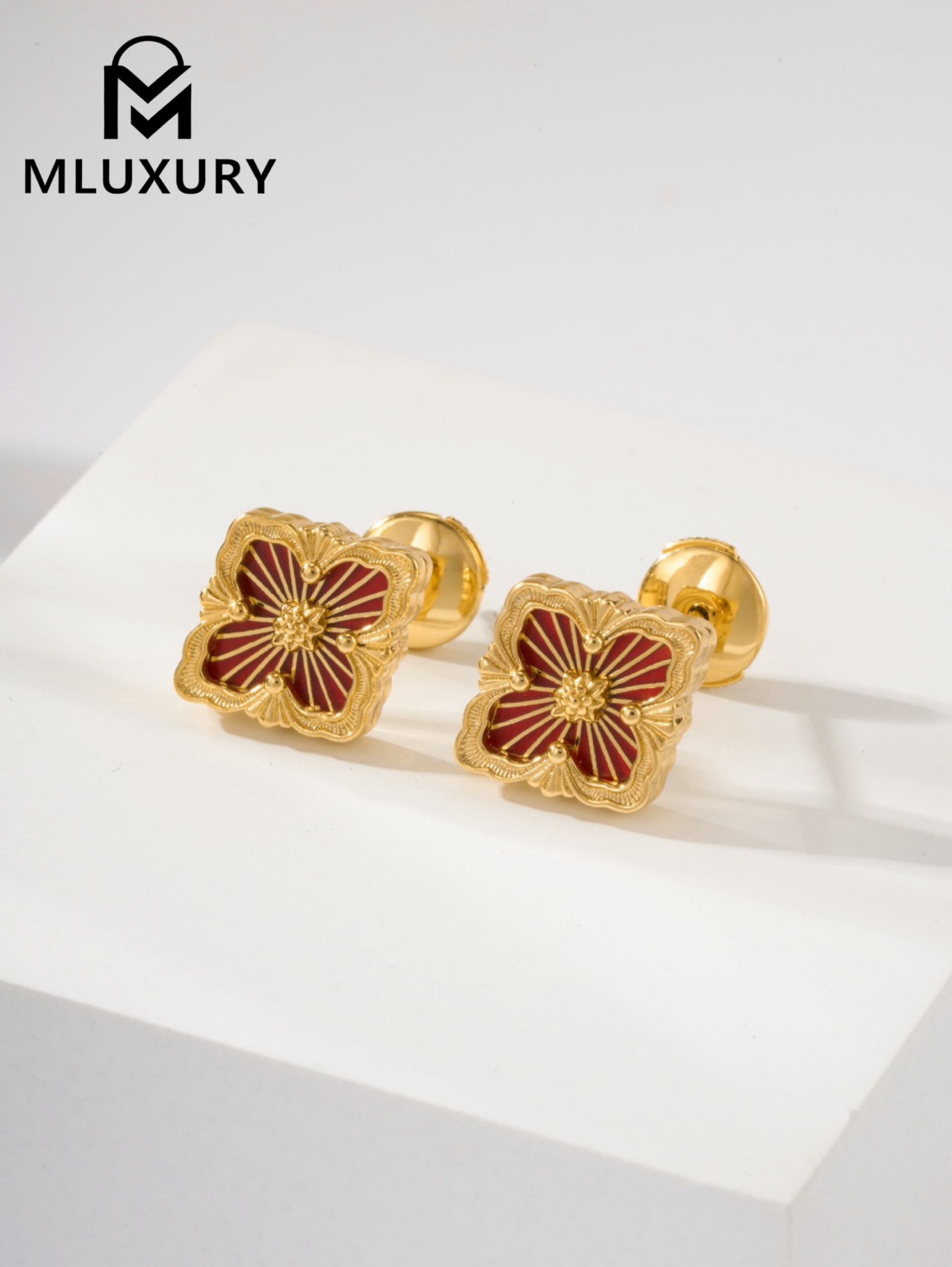 Buccellati Red Vintage Floral Opera Tulle Button Earrings (Small Stud Earrings)