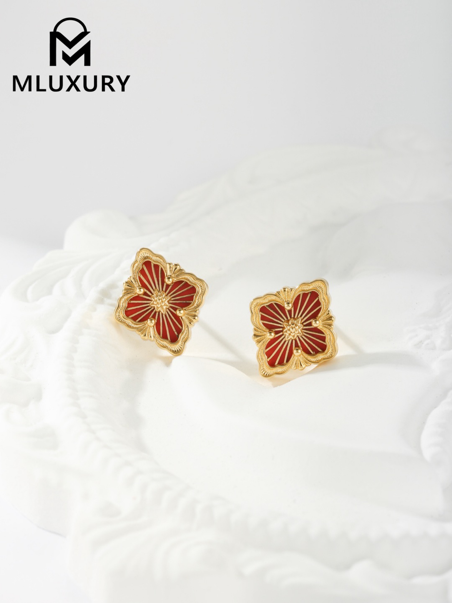 Buccellati Red Vintage Floral Opera Tulle Button Earrings (Small Stud Earrings)