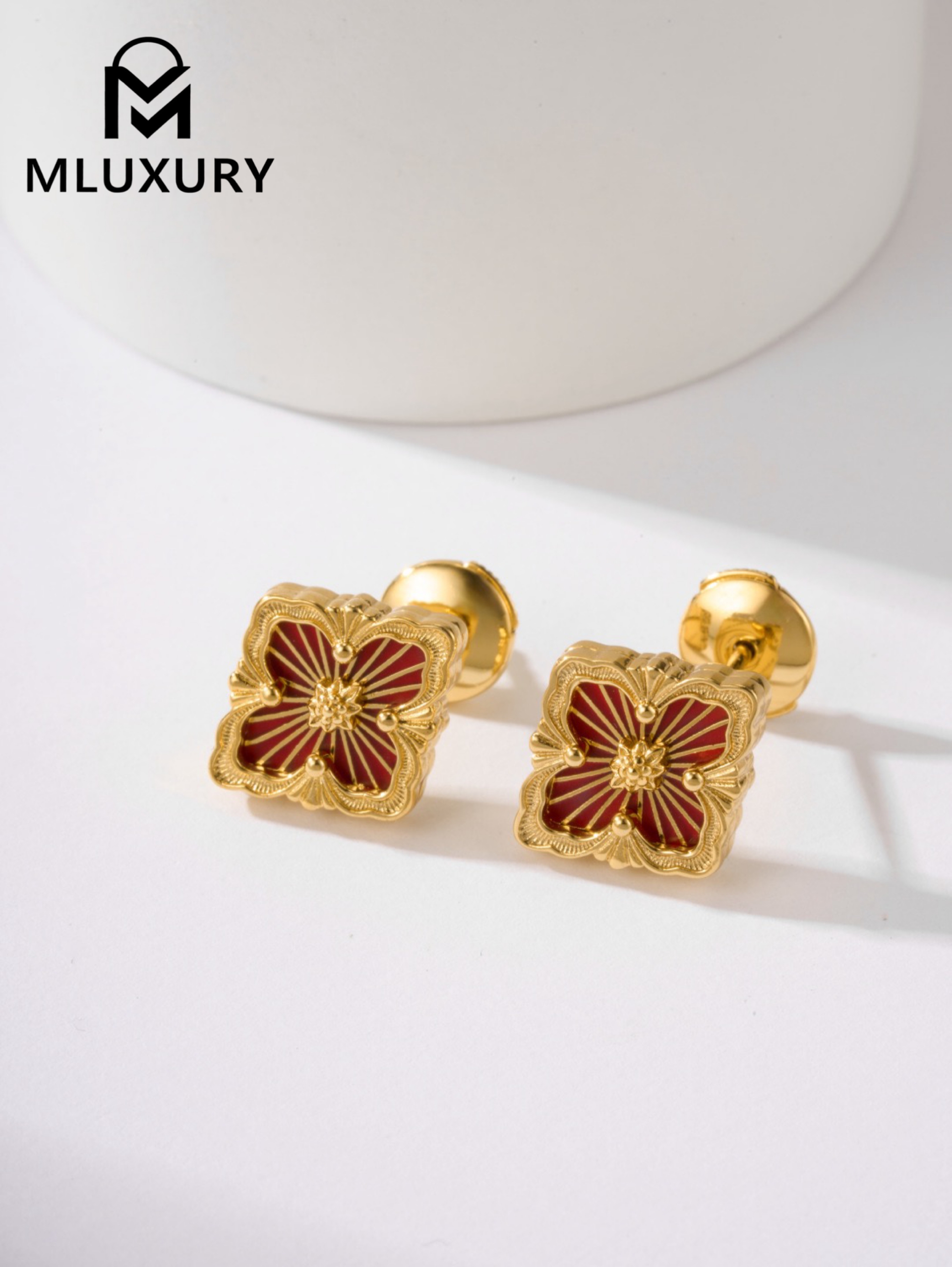 Buccellati Red Vintage Floral Opera Tulle Button Earrings (Small Stud Earrings)