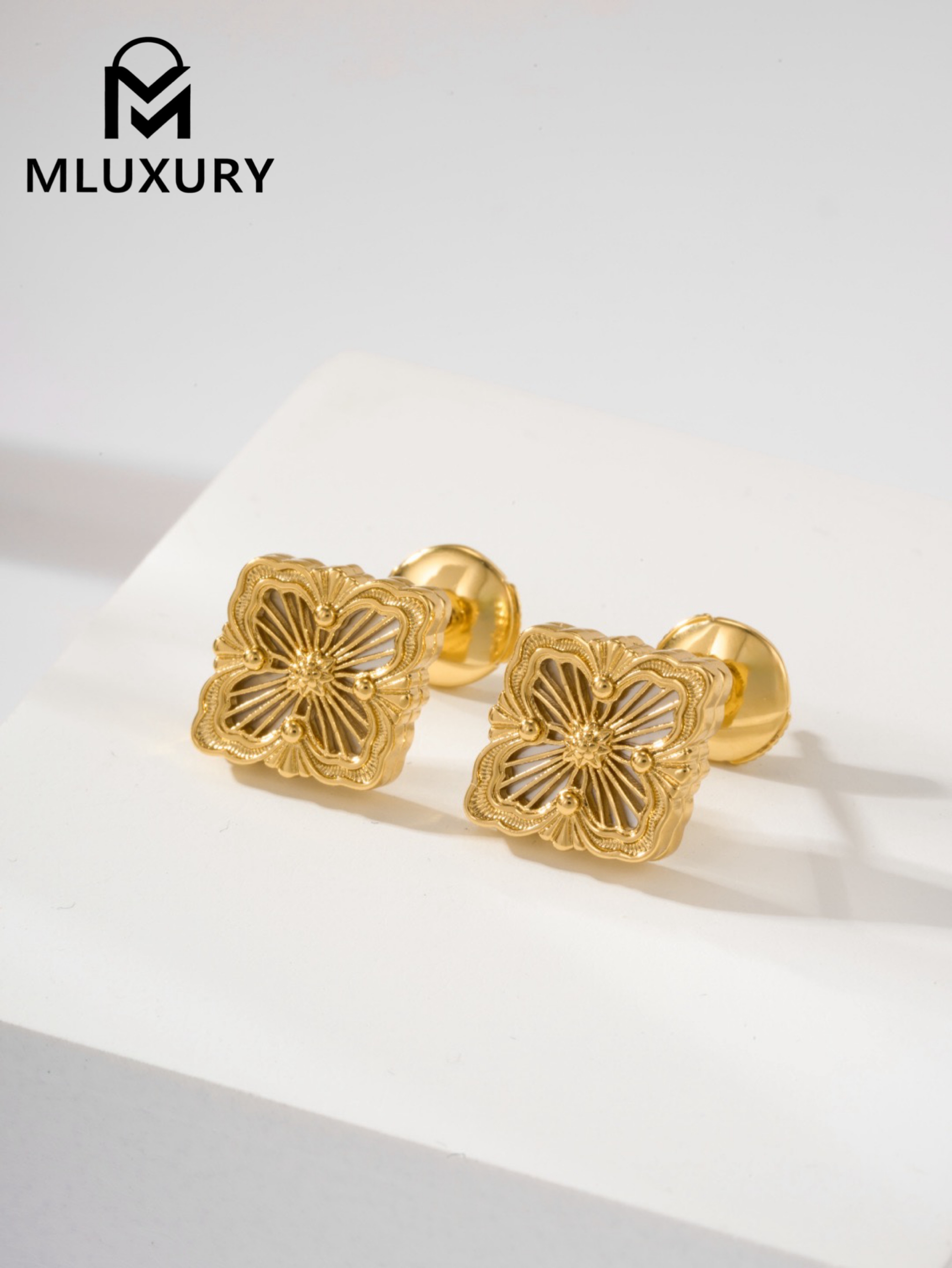 Buccellati White Mother-of-Pearl Vintage Floral Opera Tulle Button Earrings (Small Stud Earrings)