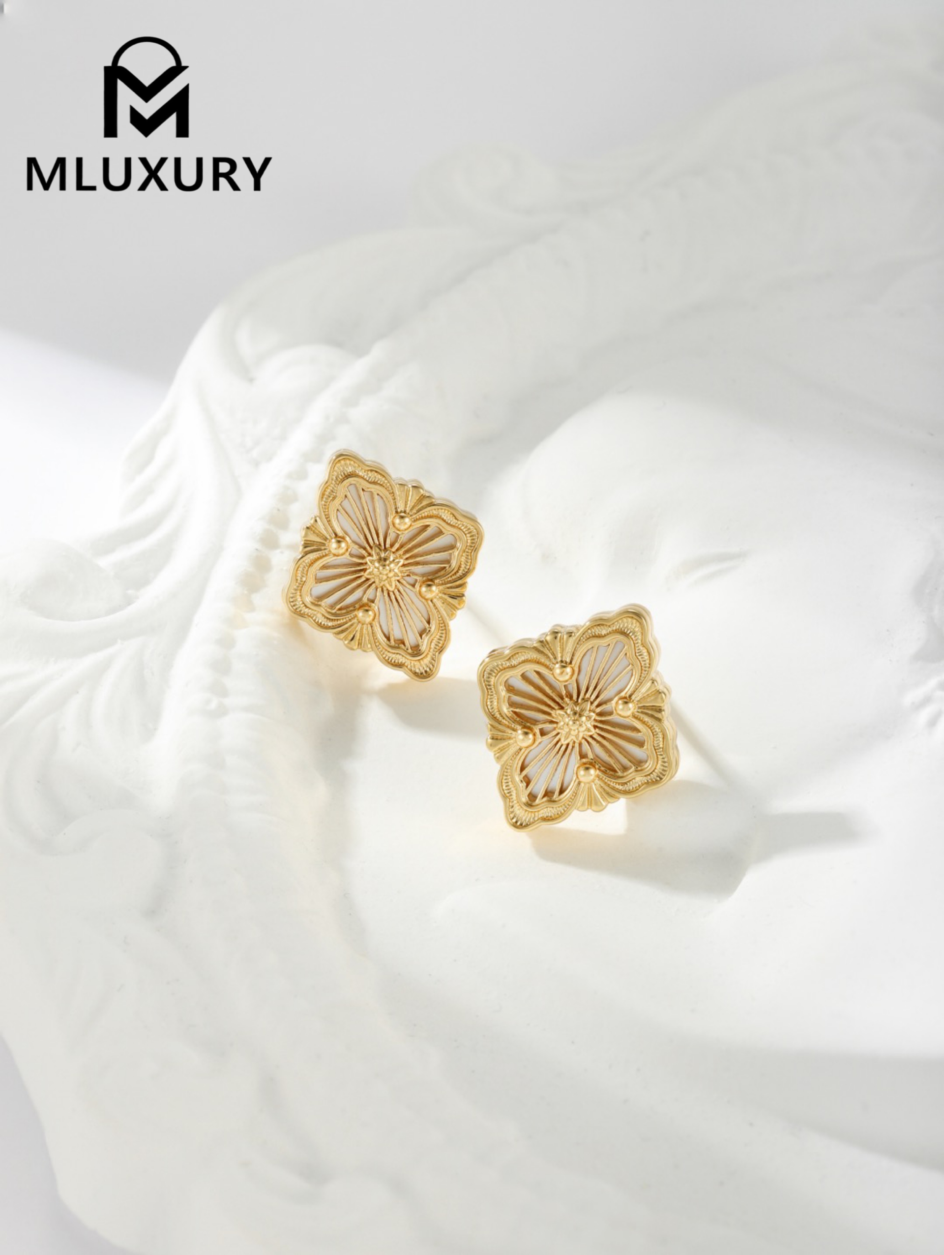 Buccellati White Mother-of-Pearl Vintage Floral Opera Tulle Button Earrings (Small Stud Earrings)