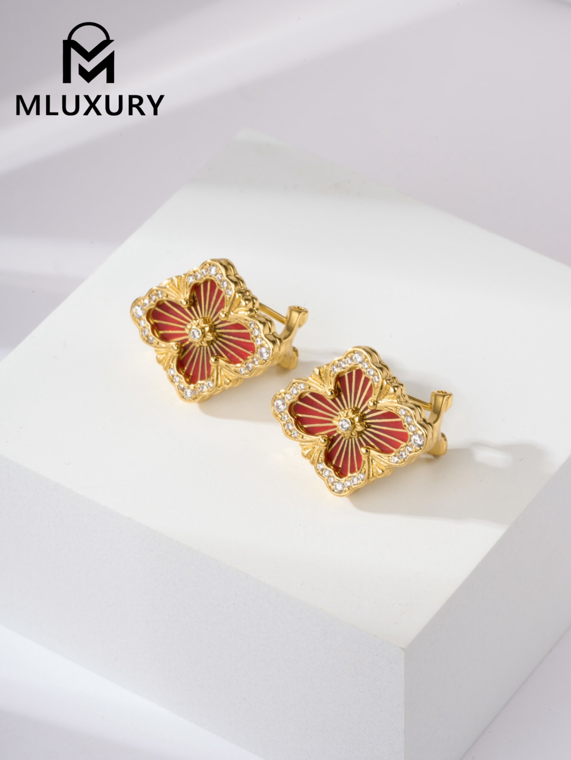 Buccellati Red Vintage Floral Opera Tulle Button Earrings (Large Clip-on Style)