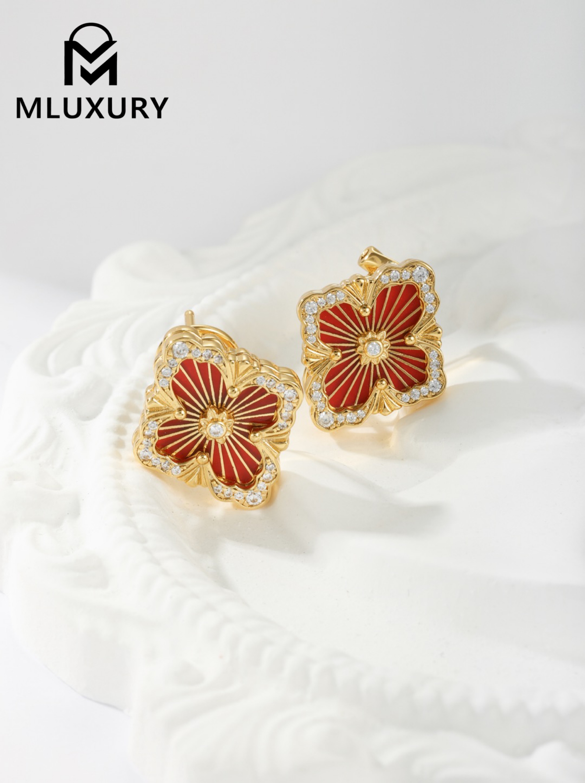 Buccellati Red Vintage Floral Opera Tulle Button Earrings (Large Clip-on Style)