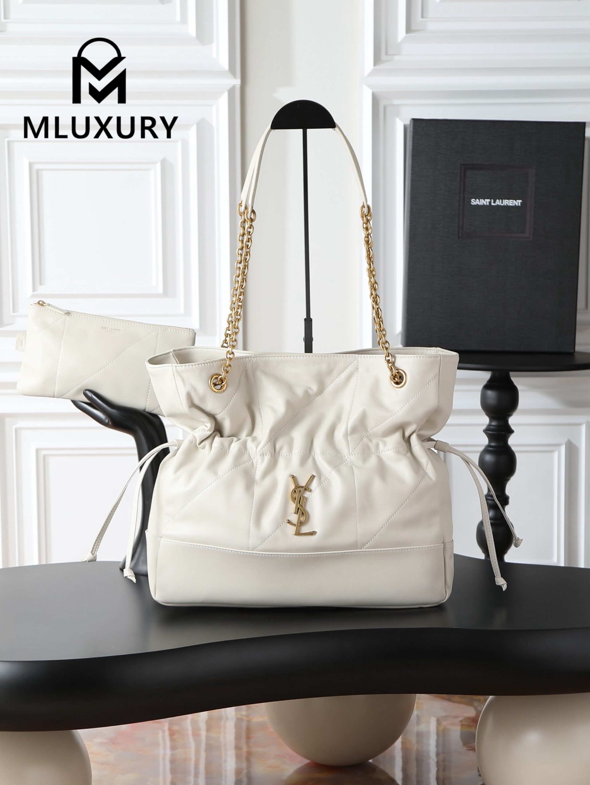 YSL Jamie 4.3 Large POCHON Bucket Bag, White