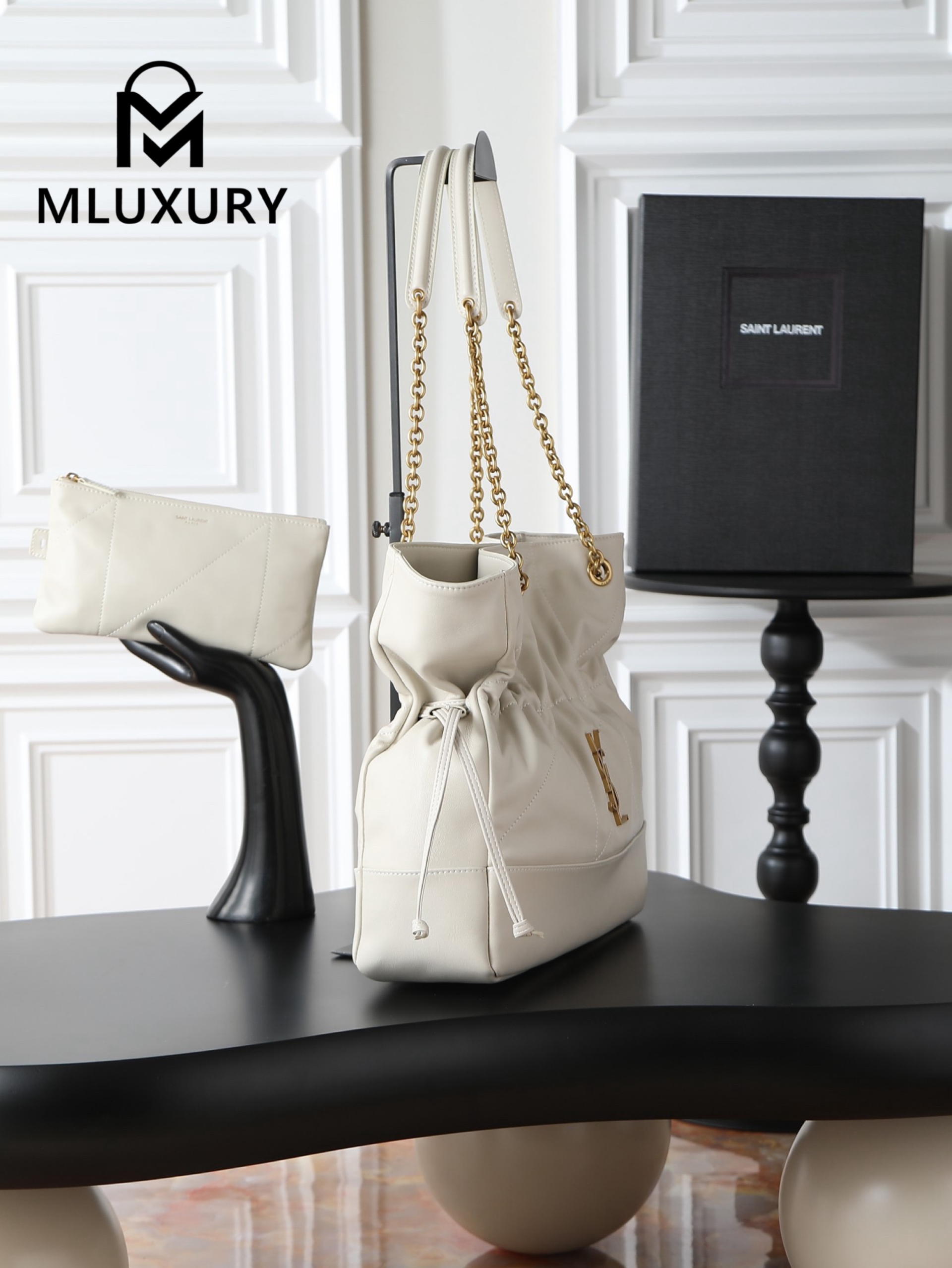 YSL Jamie 4.3 Large POCHON Bucket Bag, White