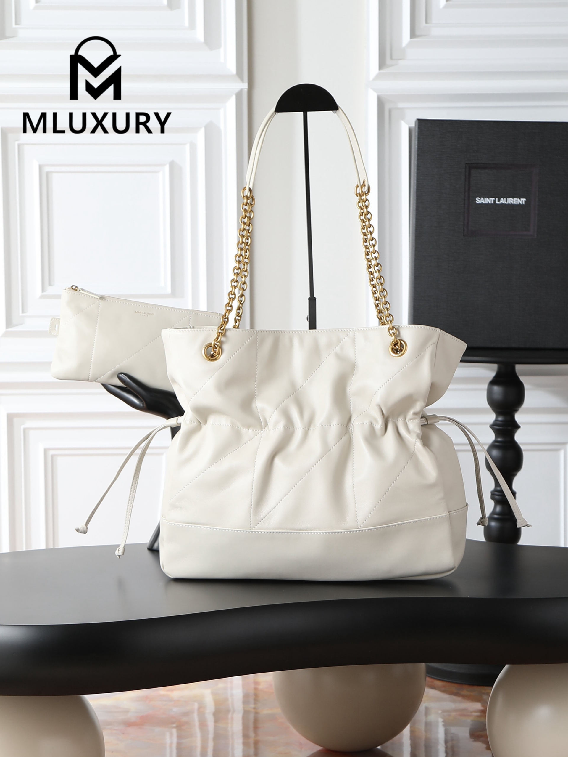 YSL Jamie 4.3 Large POCHON Bucket Bag, White