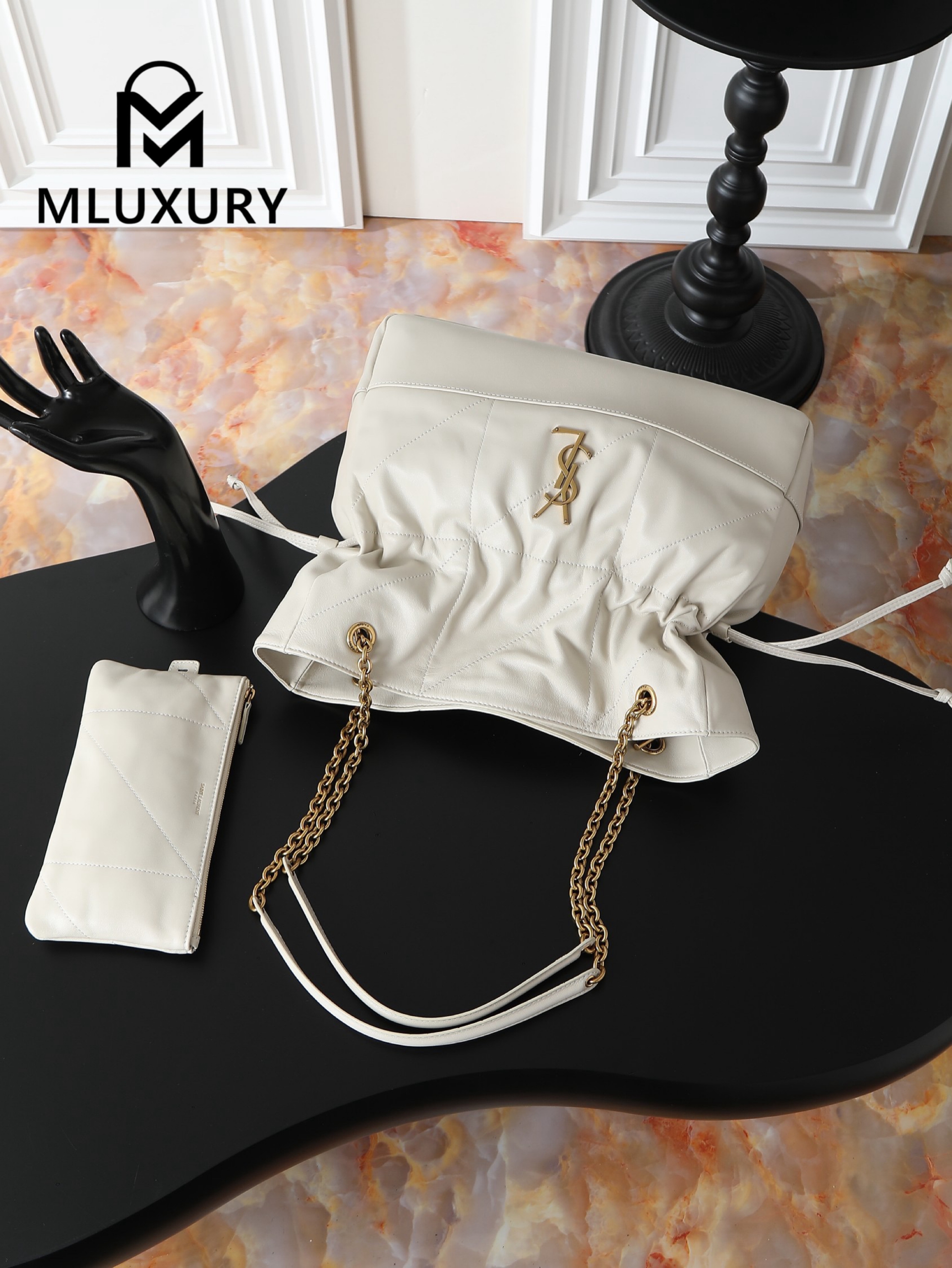 YSL Jamie 4.3 Large POCHON Bucket Bag, White