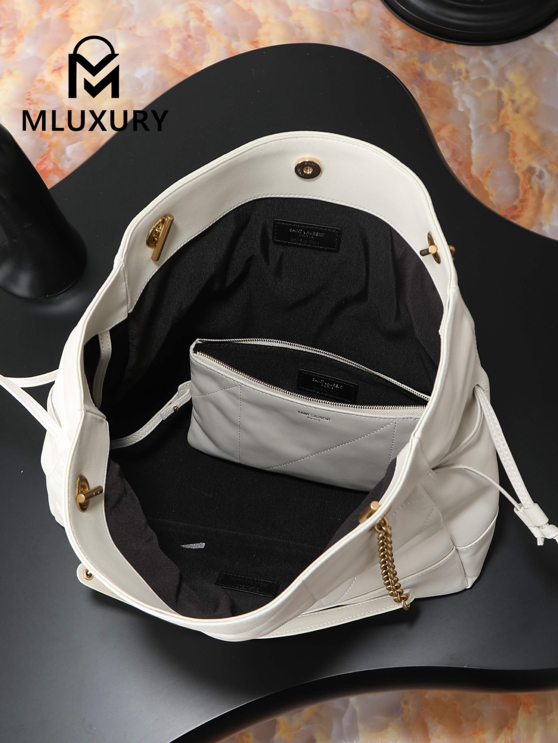 YSL Jamie 4.3 Large POCHON Bucket Bag, White