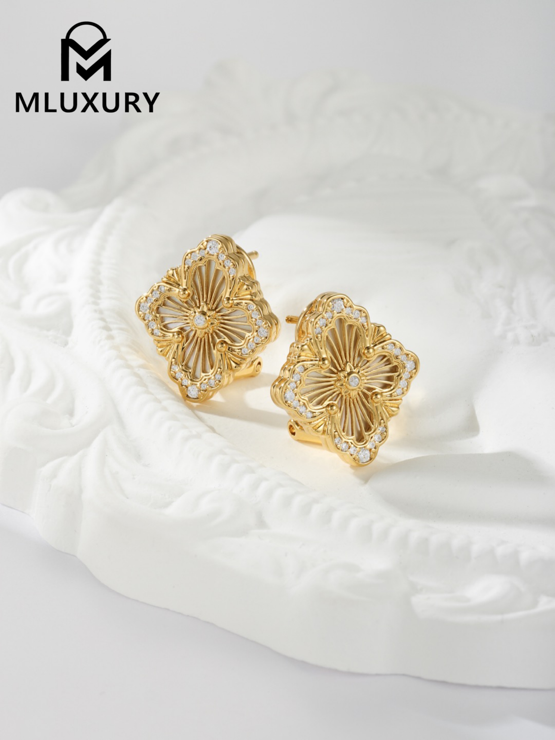 Buccellati Opera Tulle button earrings with rhinestones and vintage floral design (large clip-on style)