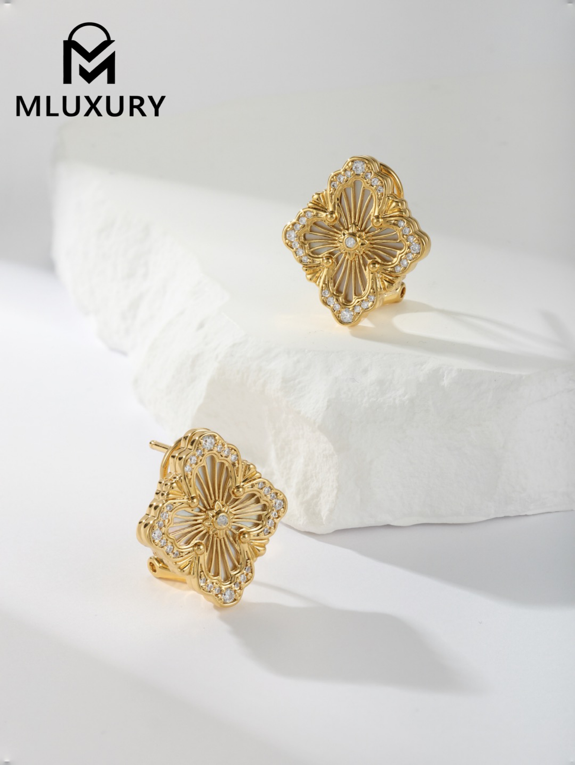 Buccellati Opera Tulle button earrings with rhinestones and vintage floral design (large clip-on style)