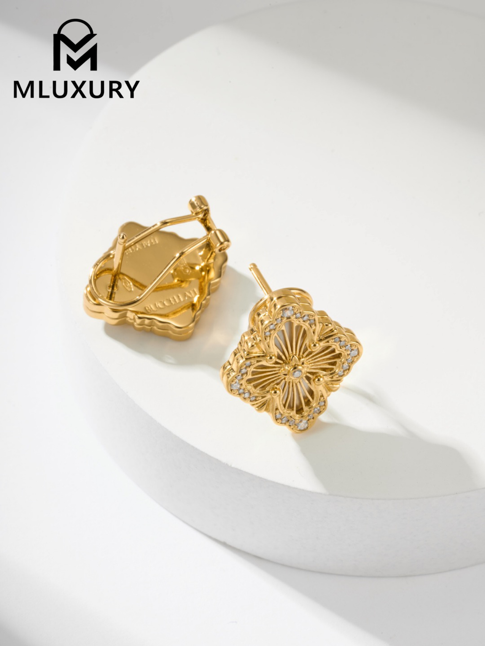 Buccellati Opera Tulle button earrings with rhinestones and vintage floral design (large clip-on style)