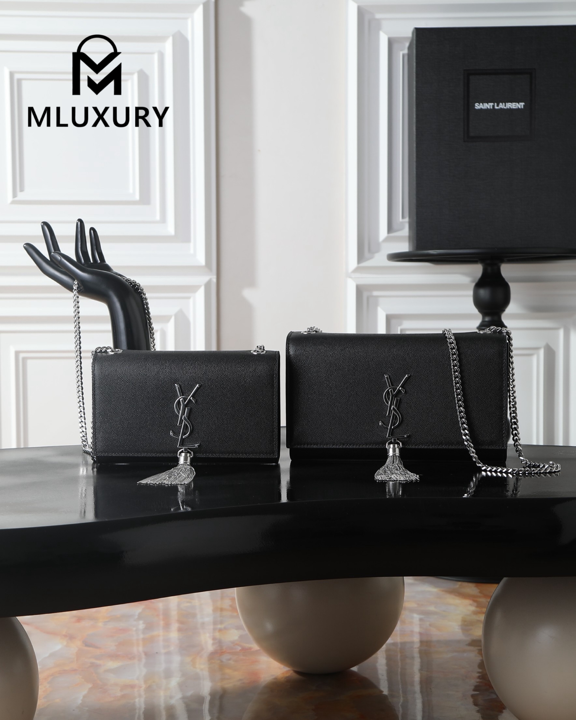 YSL KATE Black Caviar Tassel Bag with Silver Buckle