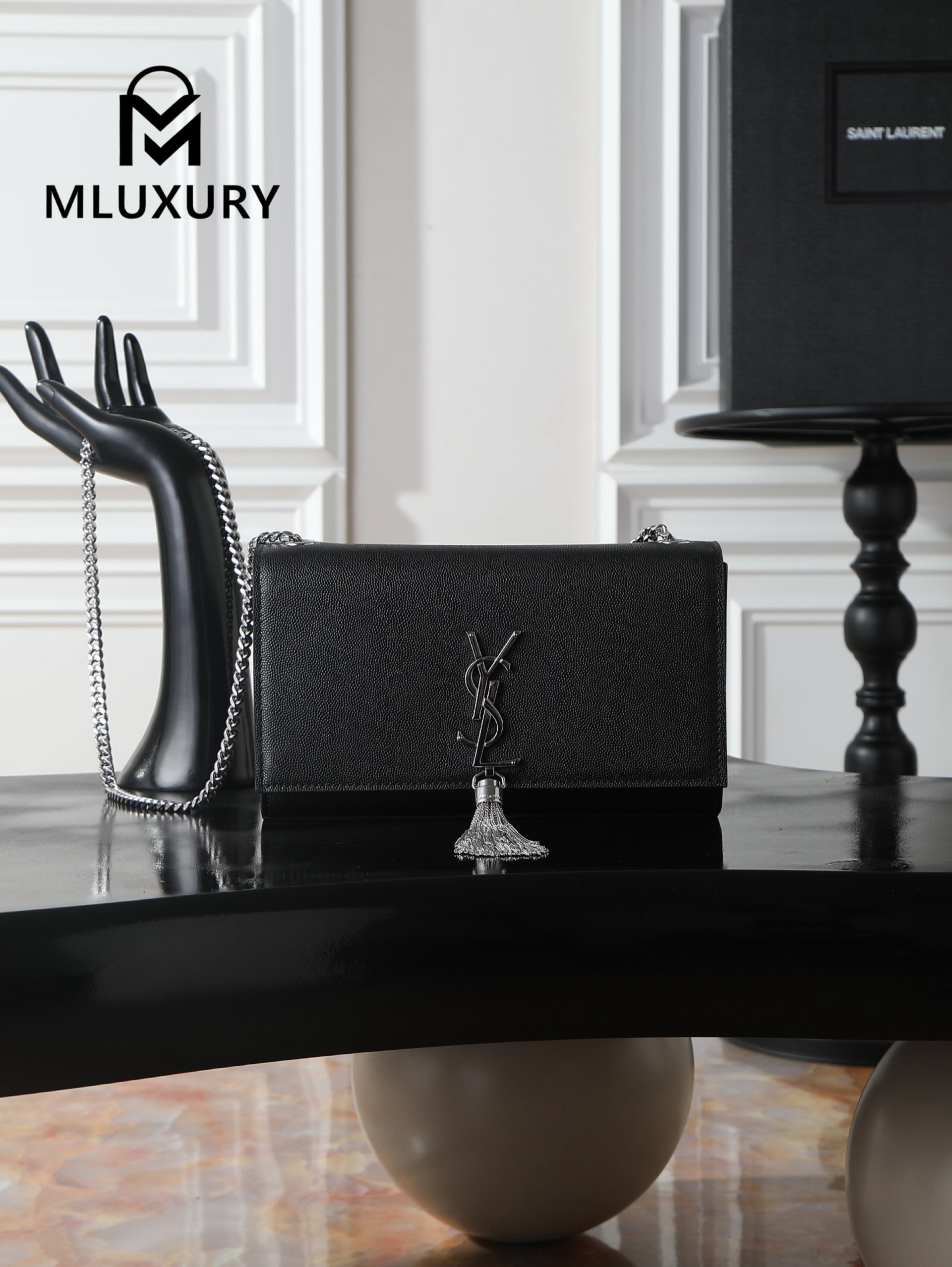 YSL KATE Black Caviar Tassel Bag with Silver Buckle
