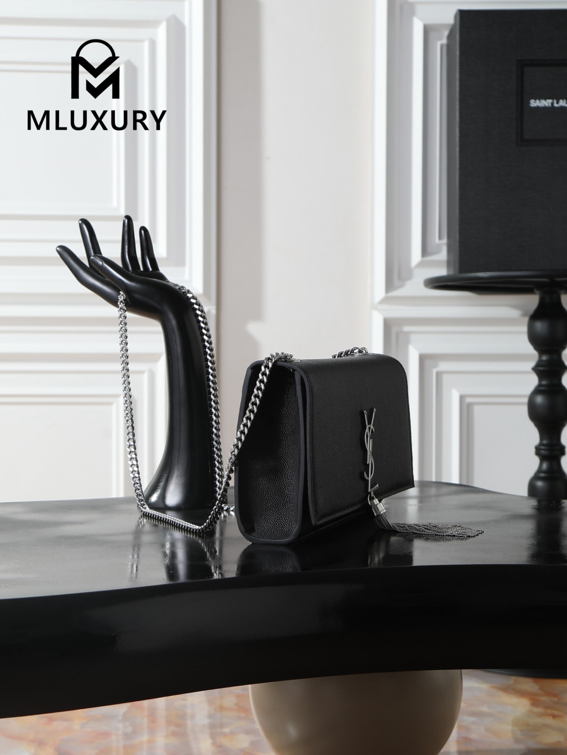 YSL KATE Black Caviar Tassel Bag with Silver Buckle