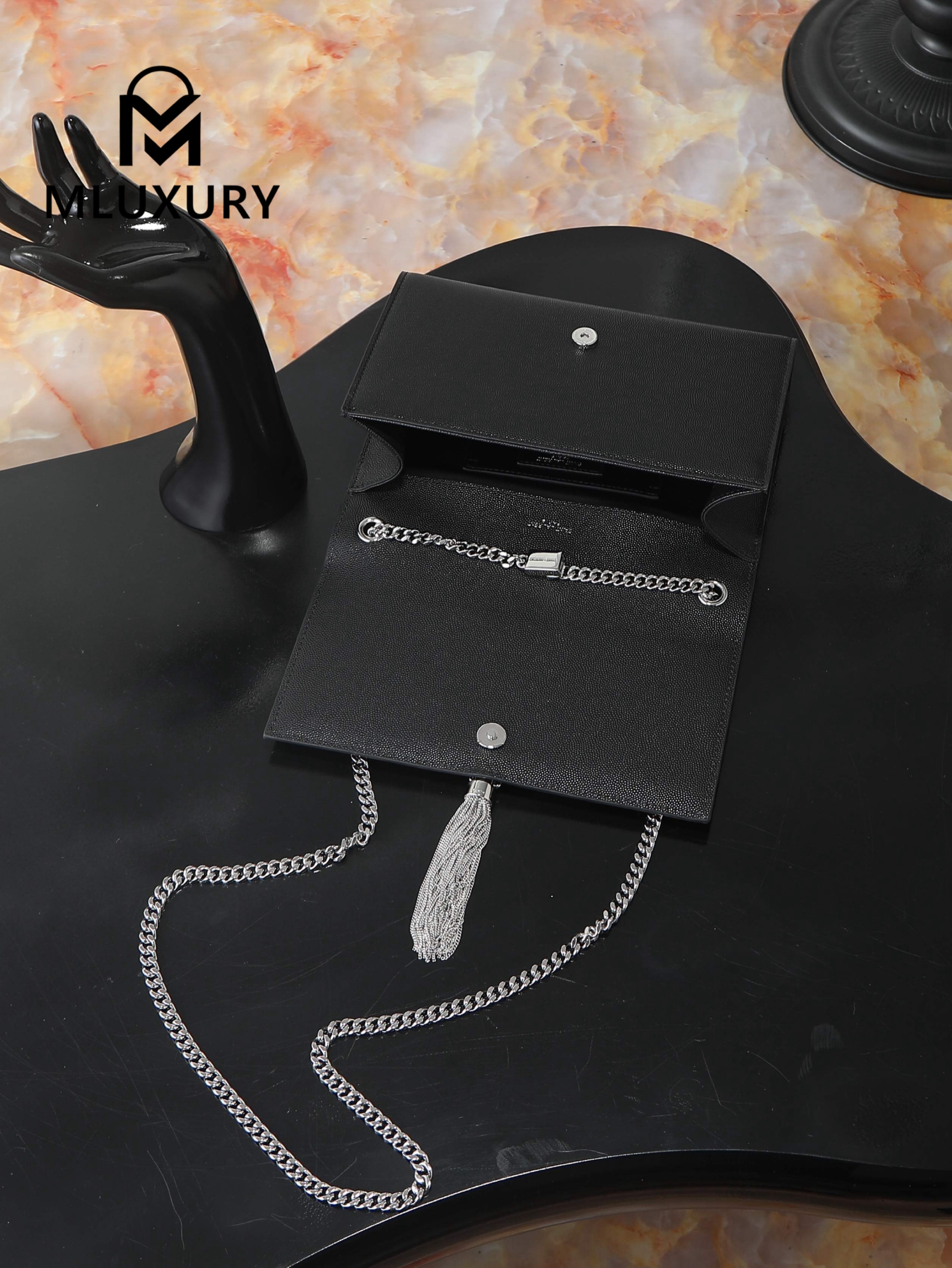 YSL KATE Black Caviar Tassel Bag with Silver Buckle