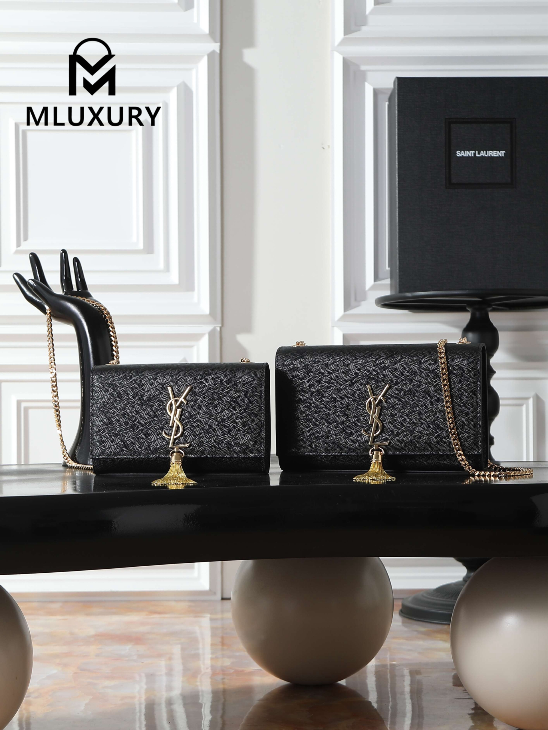 YSL KATE Black Caviar Tassel Bag with Gold Buckle