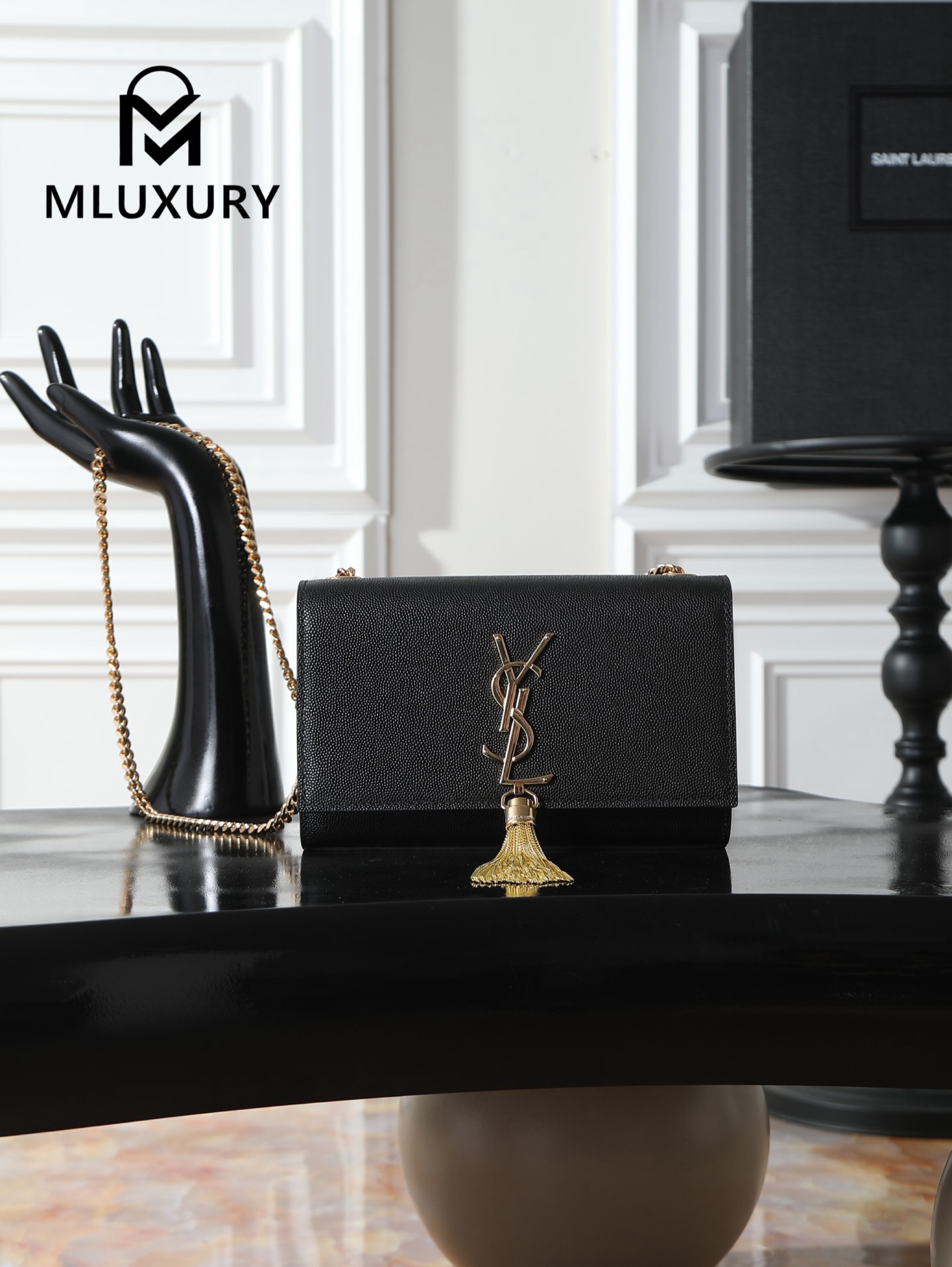 YSL KATE Black Caviar Tassel Bag with Gold Buckle