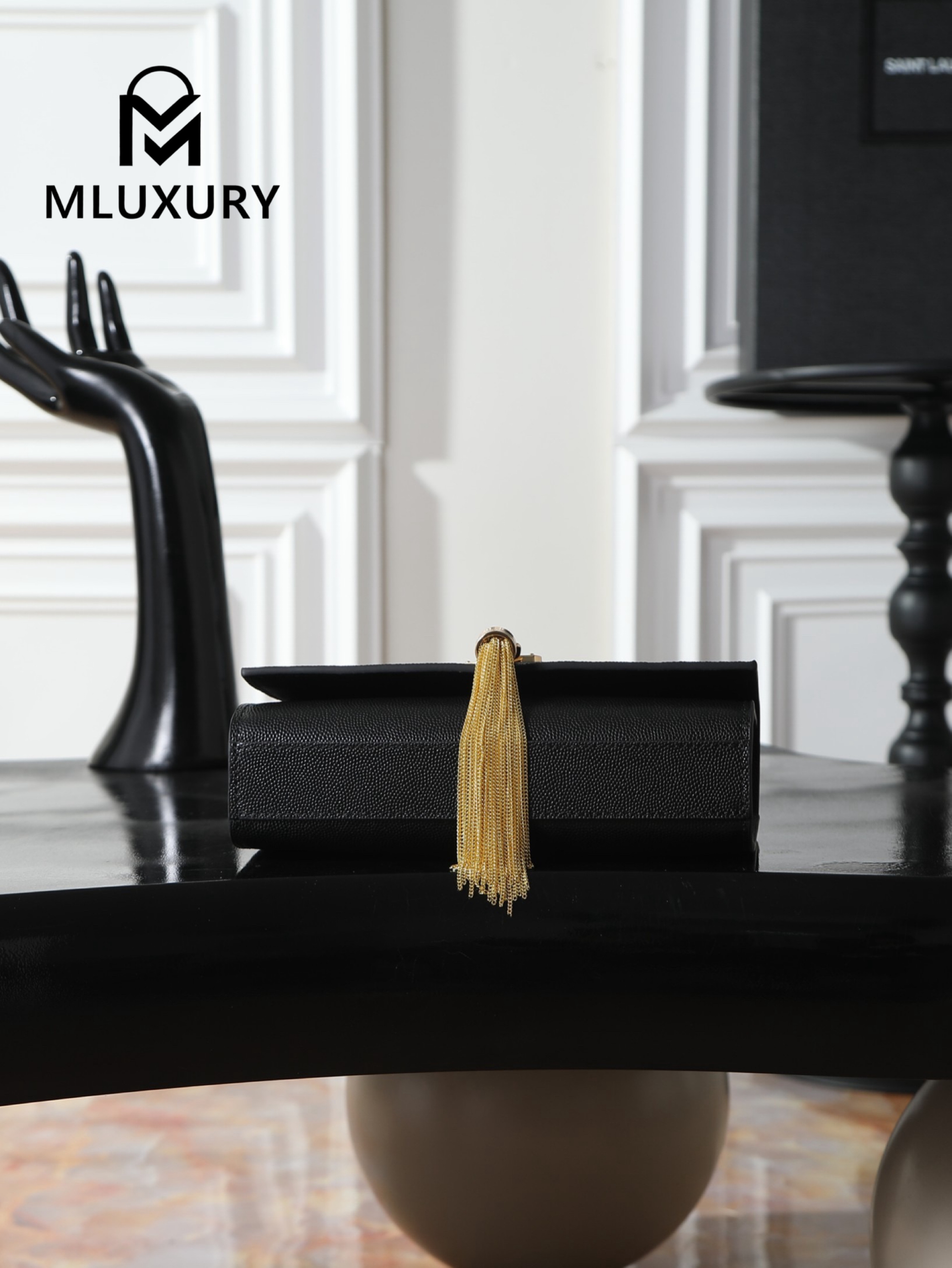 YSL KATE Black Caviar Tassel Bag with Gold Buckle