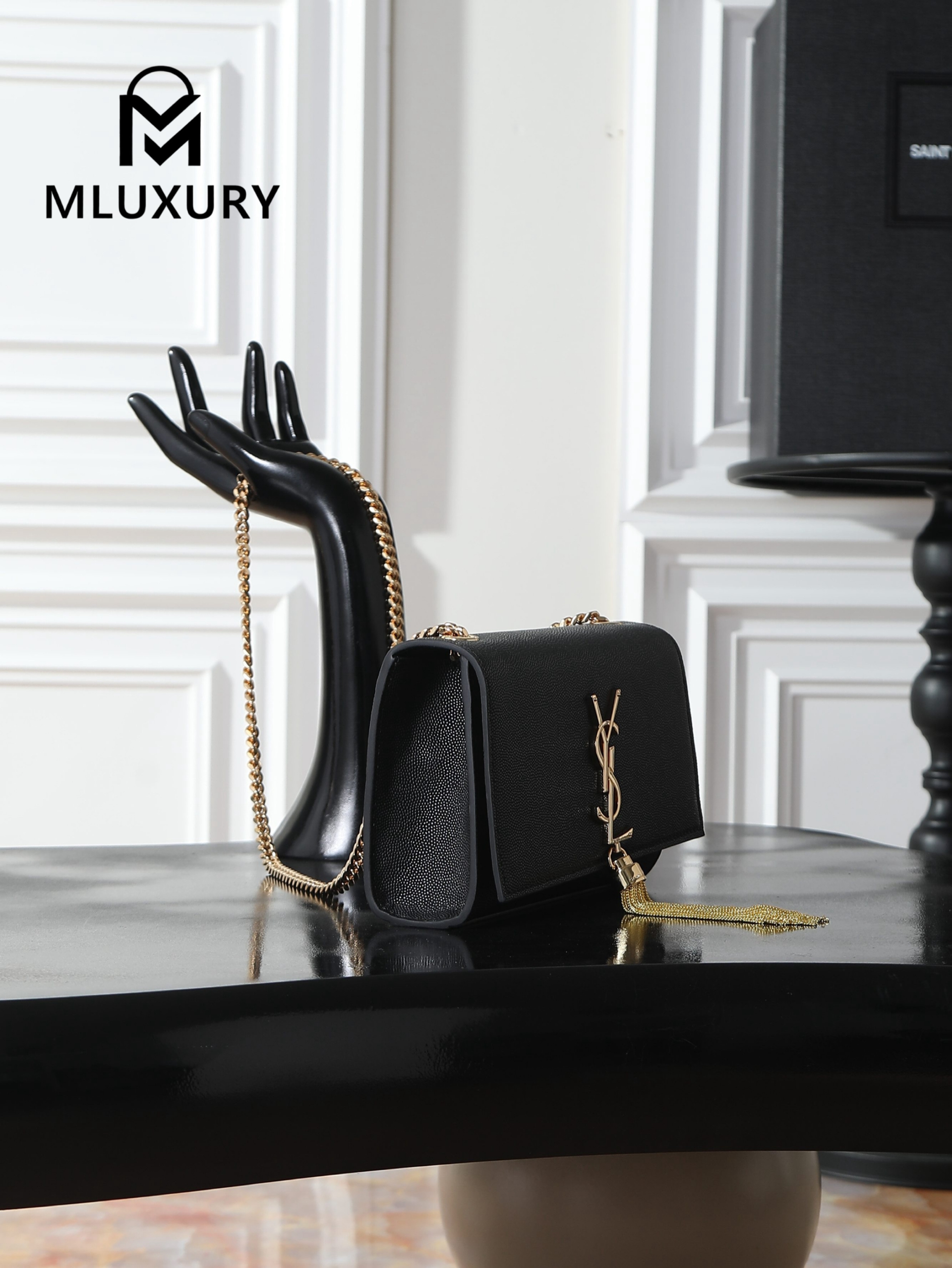 YSL KATE Black Caviar Tassel Bag with Gold Buckle