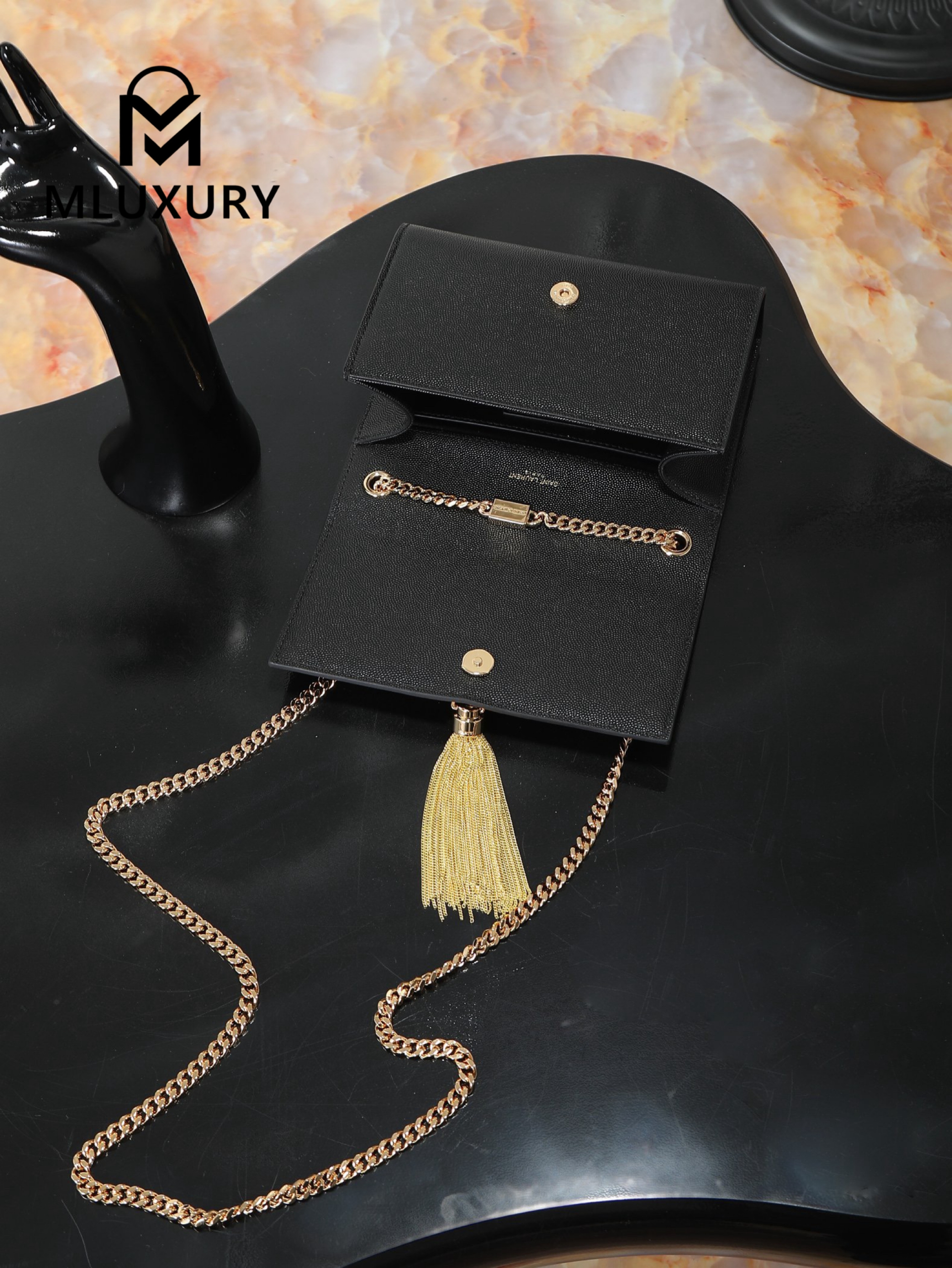 YSL KATE Black Caviar Tassel Bag with Gold Buckle