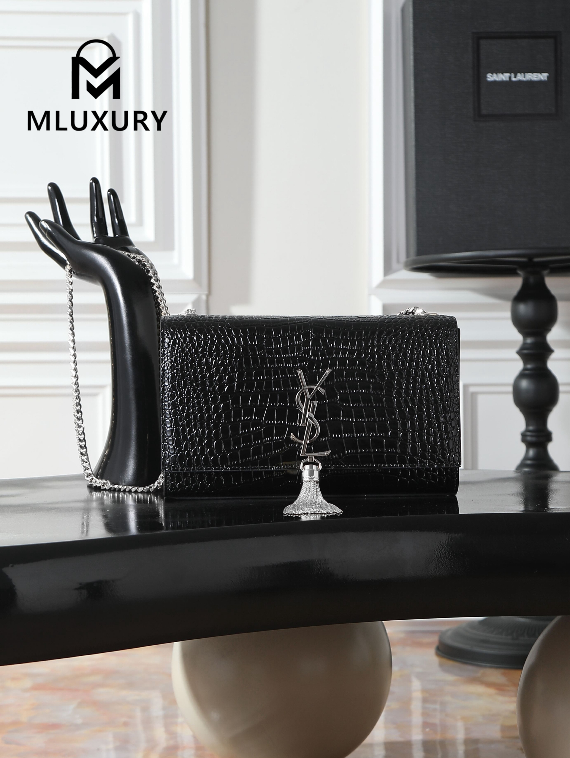 YSL KATE Black Crocodile-Embroidered Tassel Bag with Silver Buckle