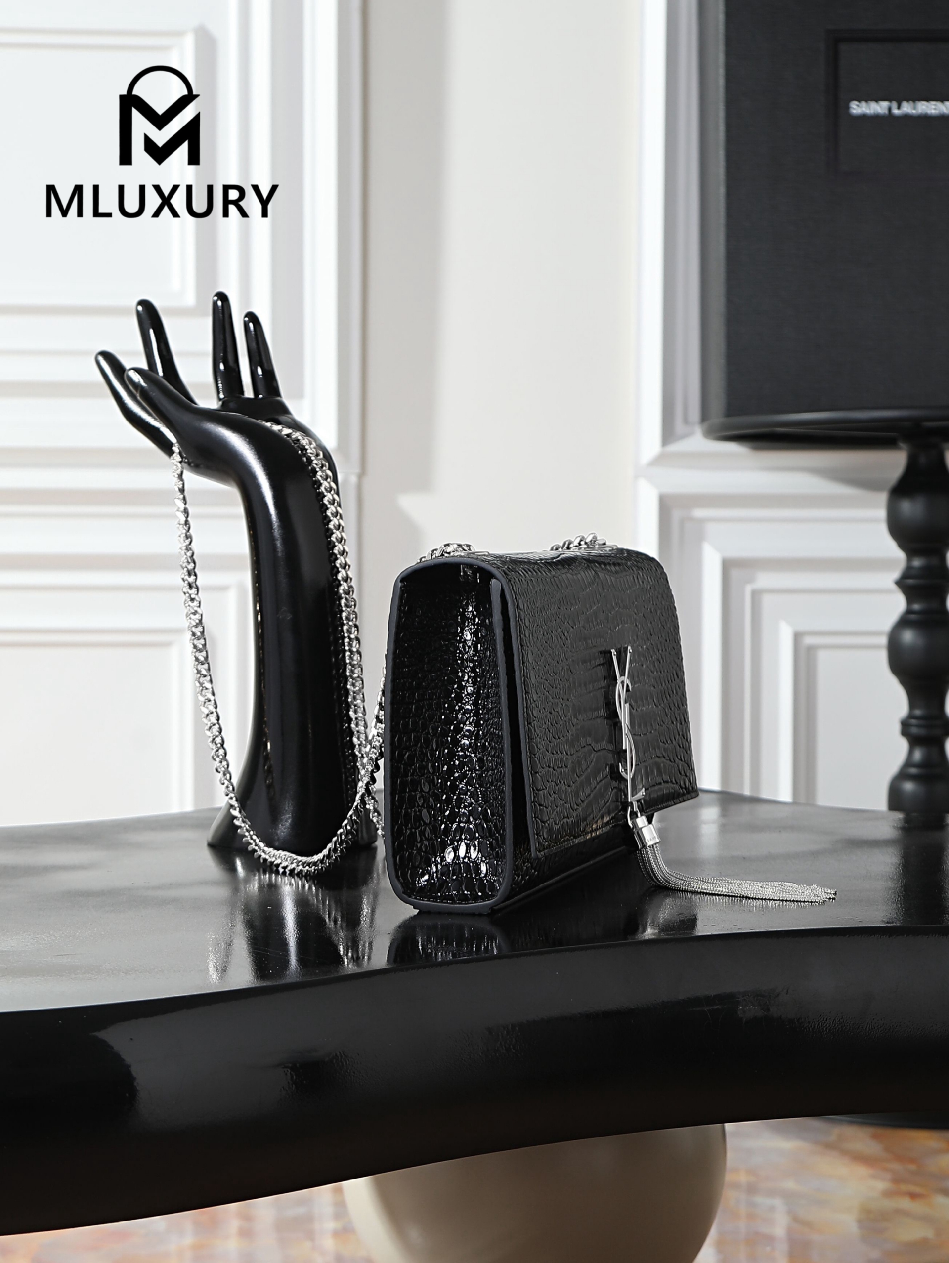 YSL KATE Black Crocodile-Embroidered Tassel Bag with Silver Buckle