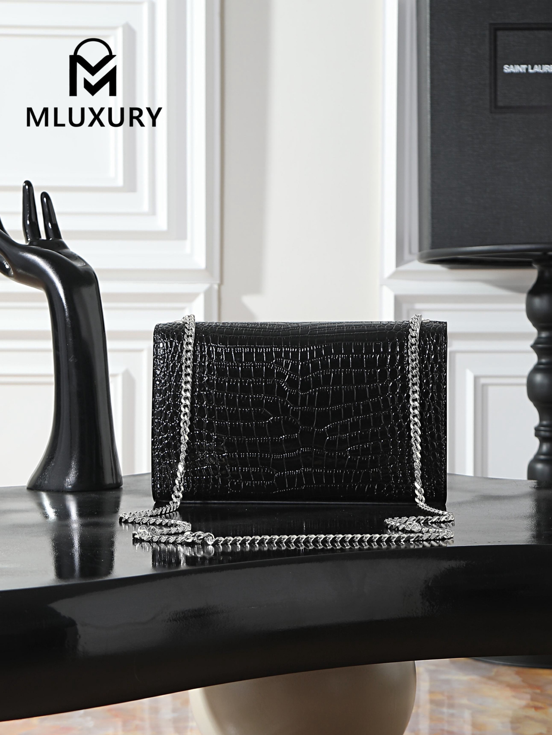 YSL KATE Black Crocodile-Embroidered Tassel Bag with Silver Buckle