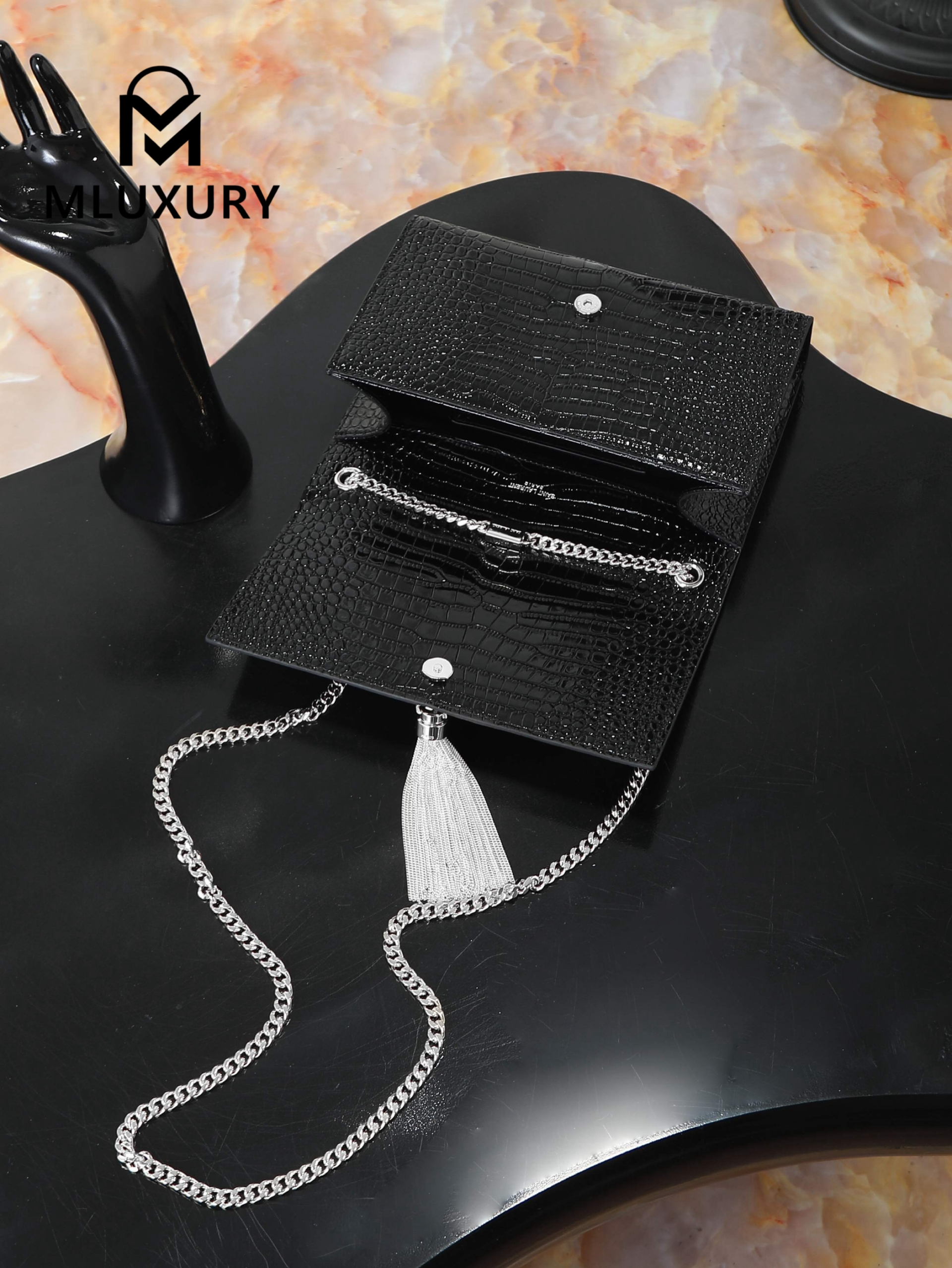 YSL KATE Black Crocodile-Embroidered Tassel Bag with Silver Buckle