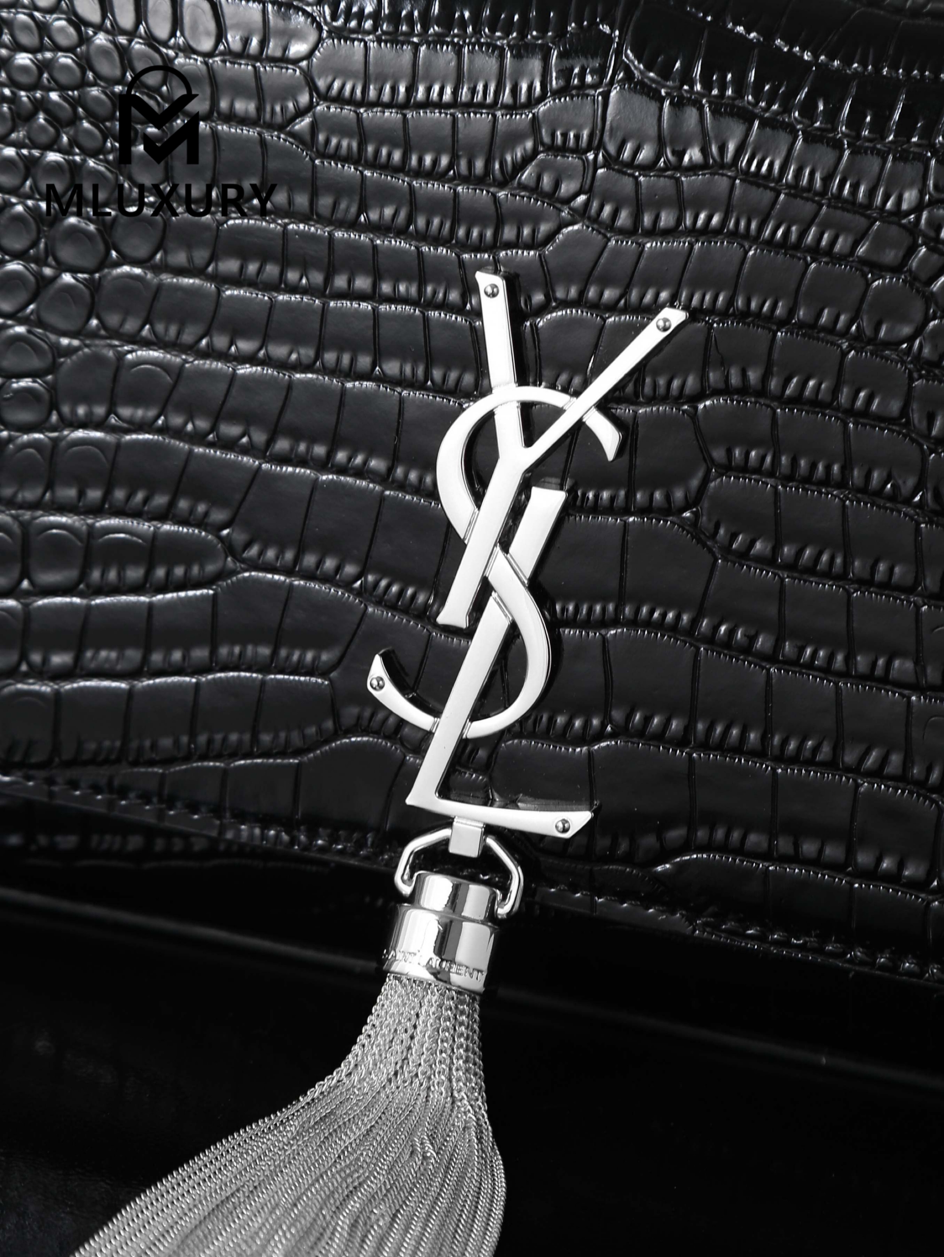 YSL KATE Black Crocodile-Embroidered Tassel Bag with Silver Buckle