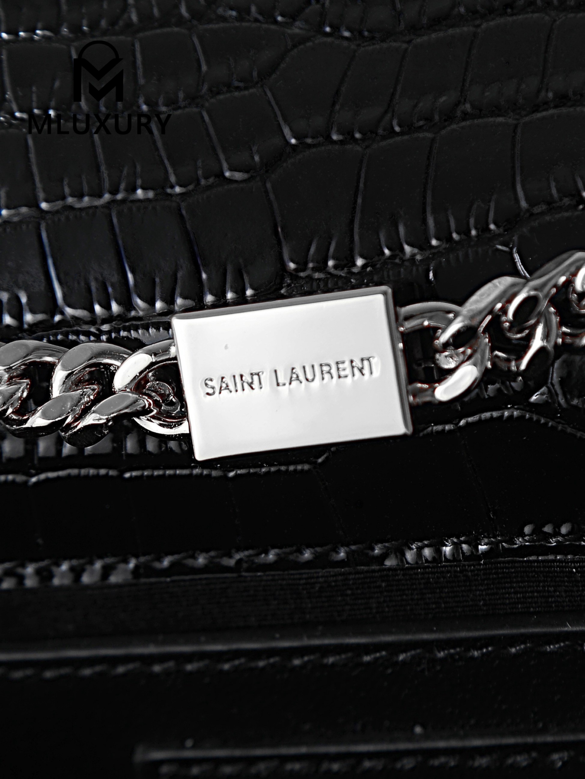 YSL KATE Black Crocodile-Embroidered Tassel Bag with Silver Buckle