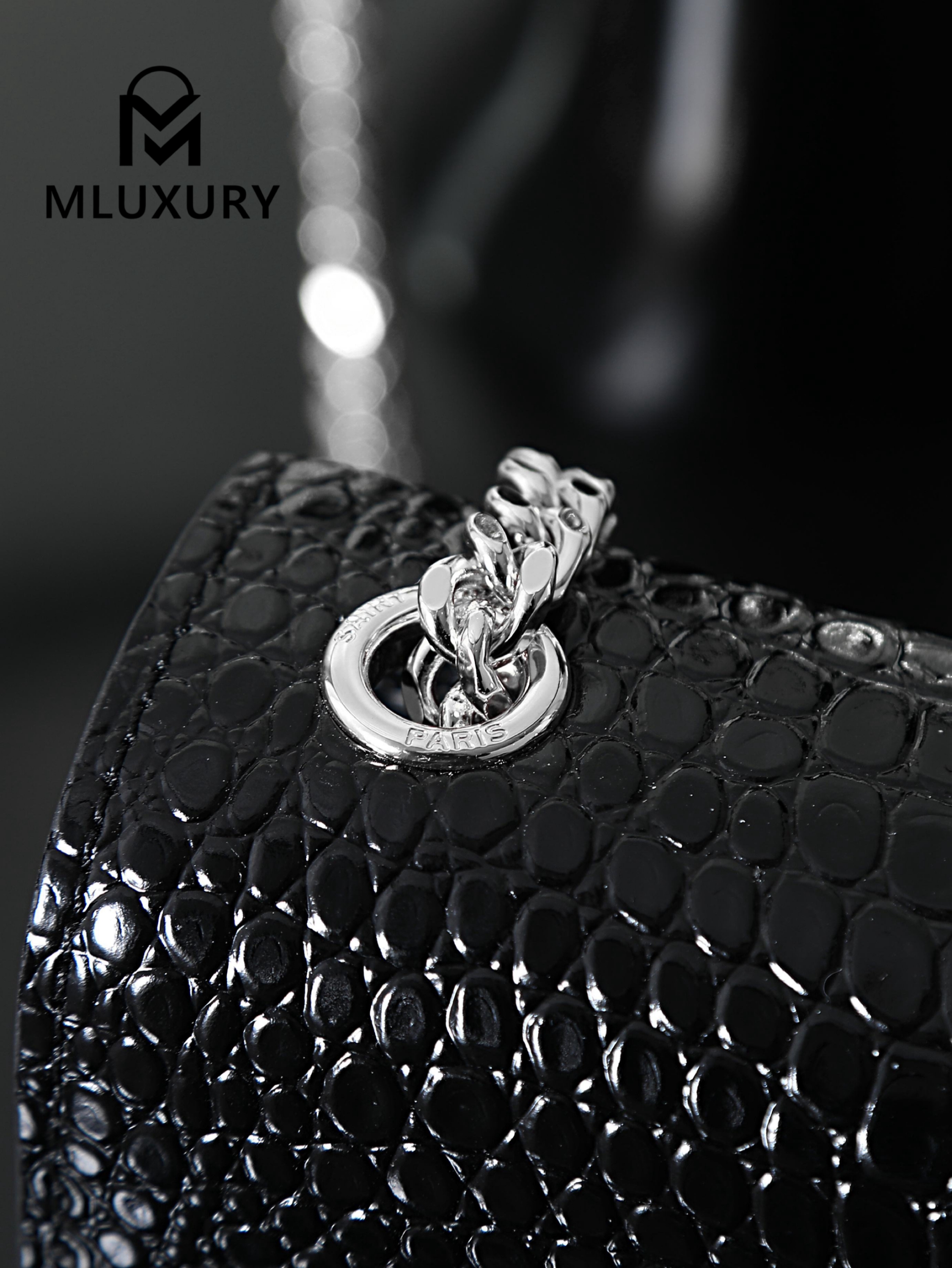 YSL KATE Black Crocodile-Embroidered Tassel Bag with Silver Buckle