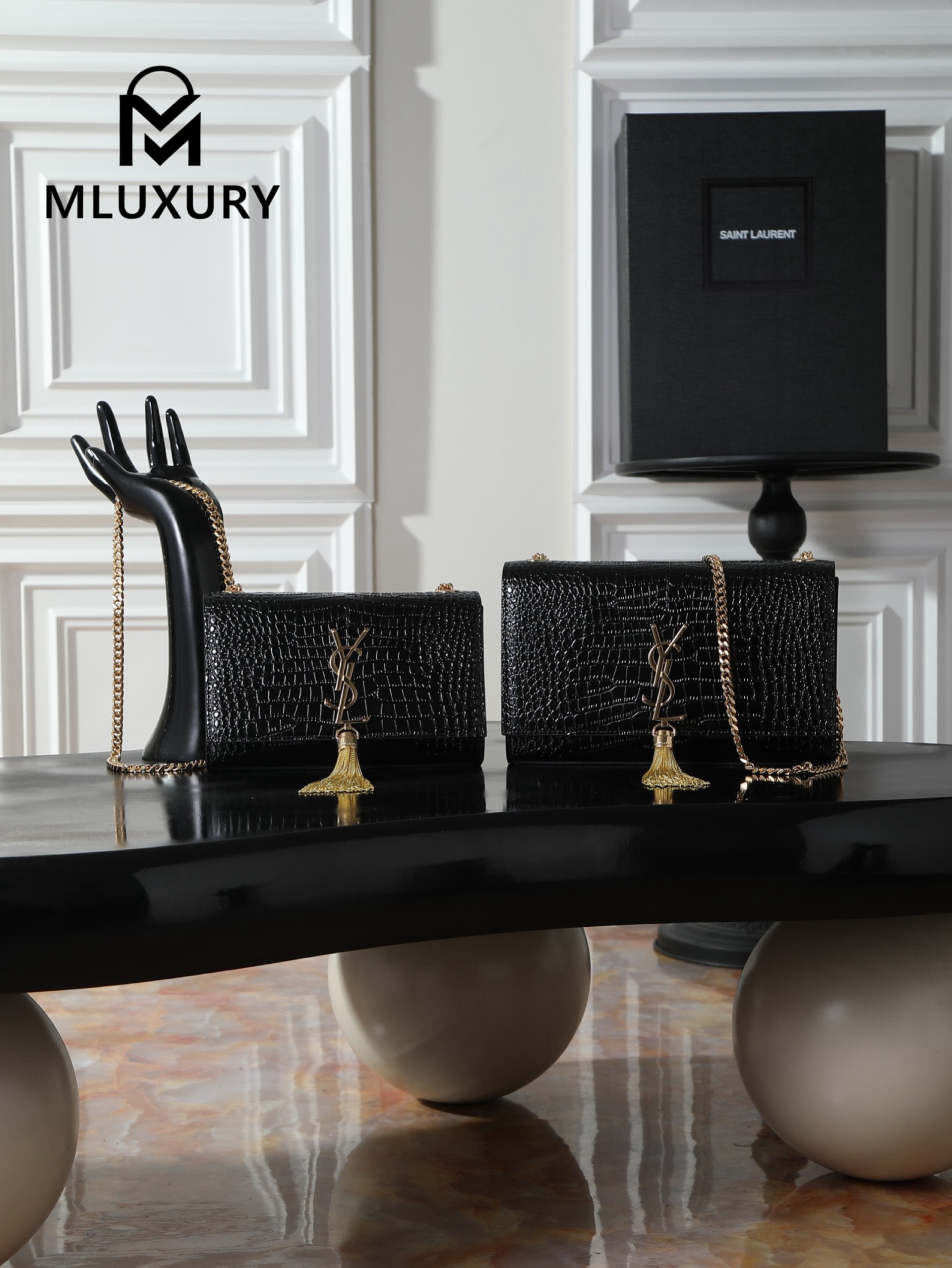 YSL KATE Black Crocodile-Embroidered Tassel Bag with Gold Buckle