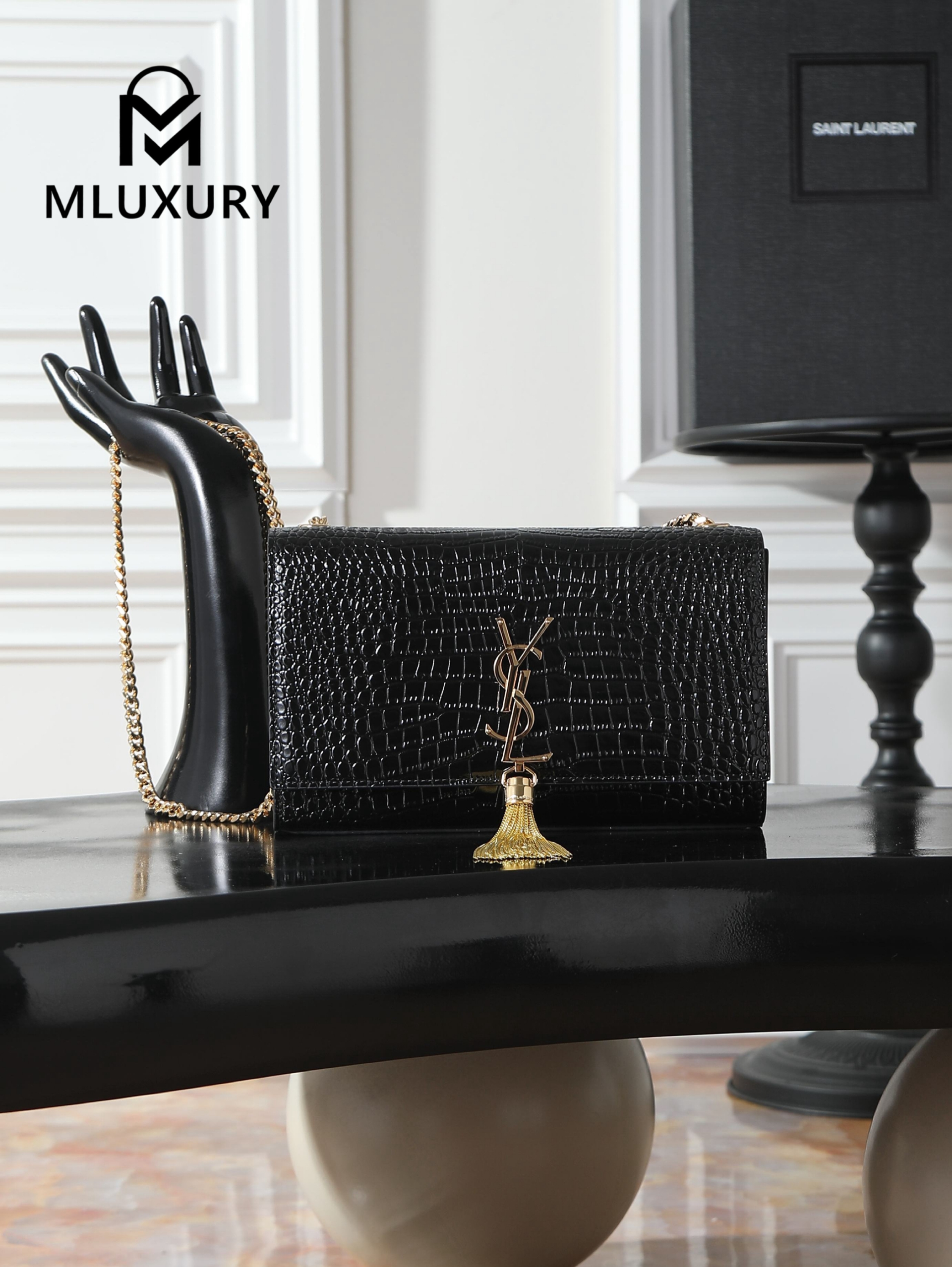 YSL KATE Black Crocodile-Embroidered Tassel Bag with Gold Buckle