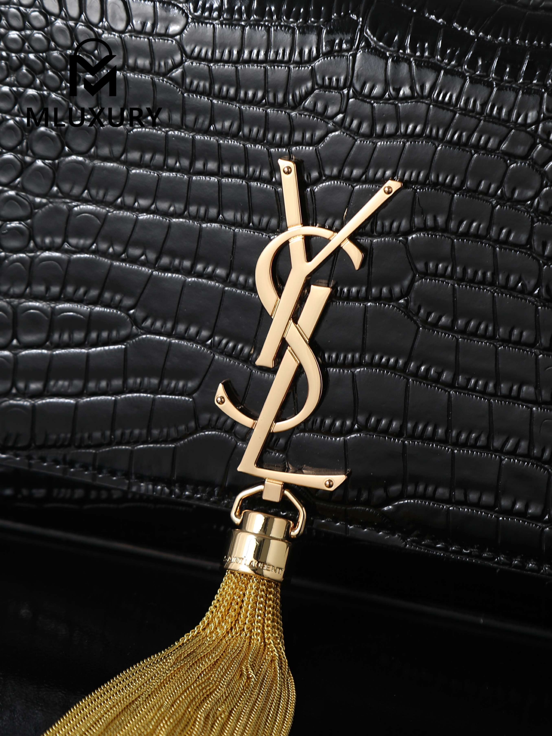 YSL KATE Black Crocodile-Embroidered Tassel Bag with Gold Buckle
