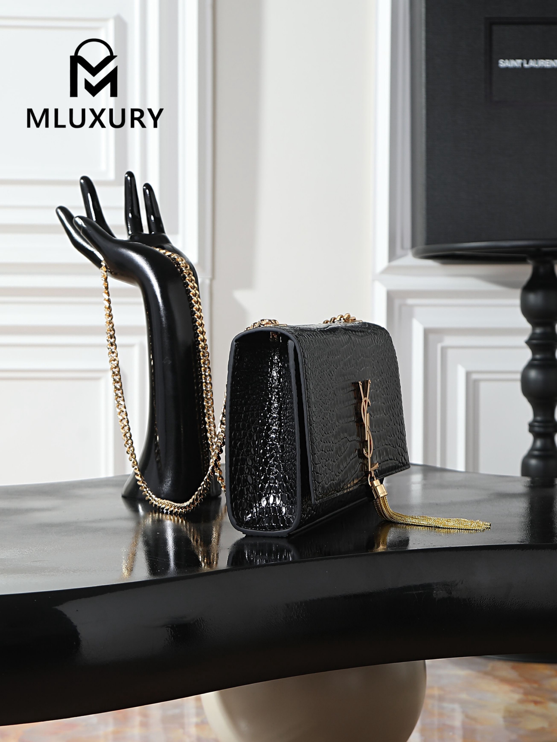 YSL KATE Black Crocodile-Embroidered Tassel Bag with Gold Buckle