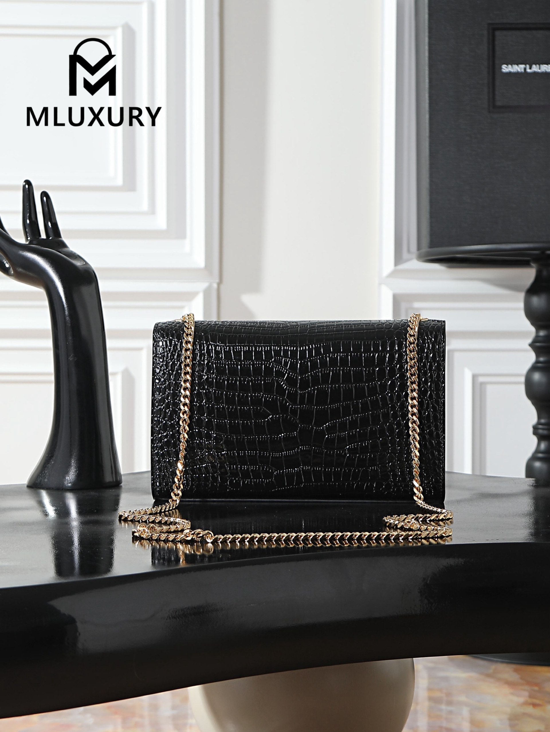YSL KATE Black Crocodile-Embroidered Tassel Bag with Gold Buckle