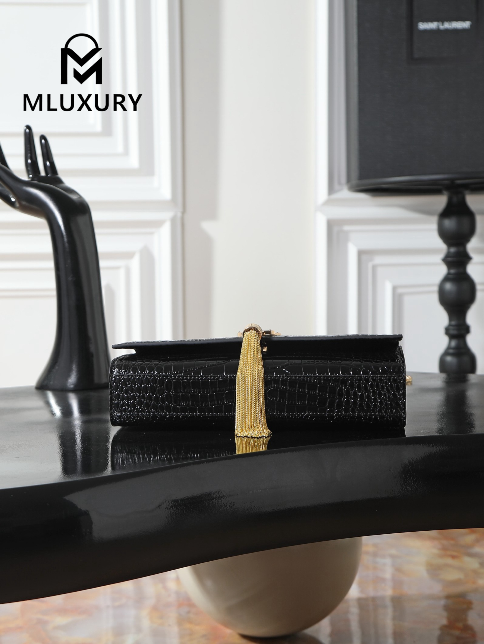 YSL KATE Black Crocodile-Embroidered Tassel Bag with Gold Buckle