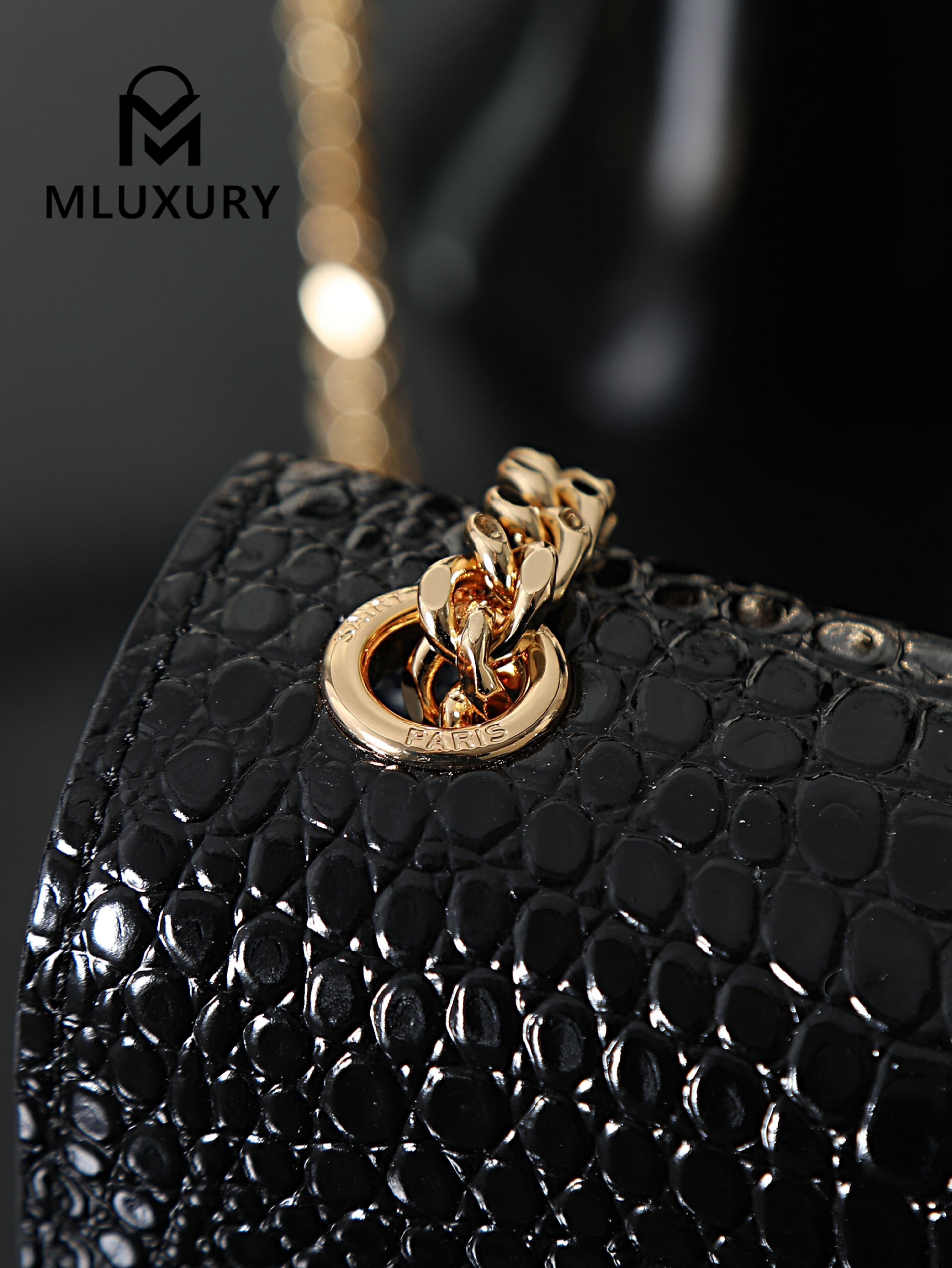 YSL KATE Black Crocodile-Embroidered Tassel Bag with Gold Buckle
