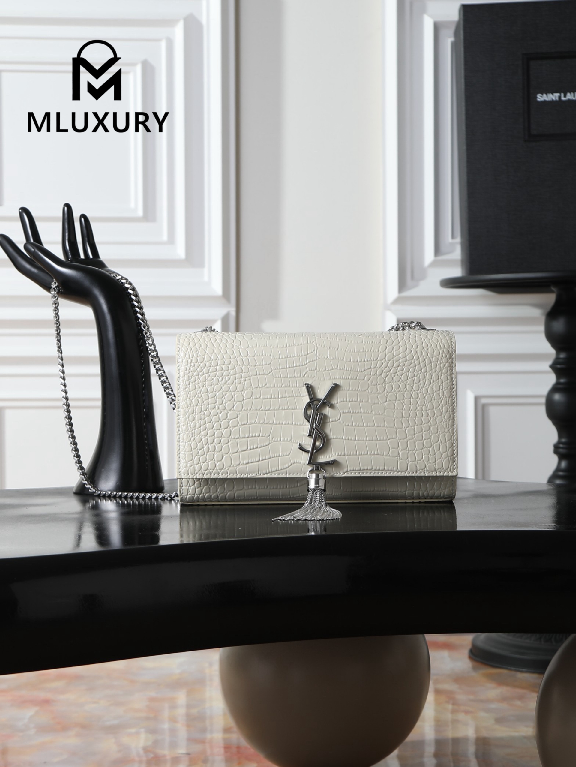 YSL KATE White Crocodile-Embroidered Silver Buckle Tassel Bag
