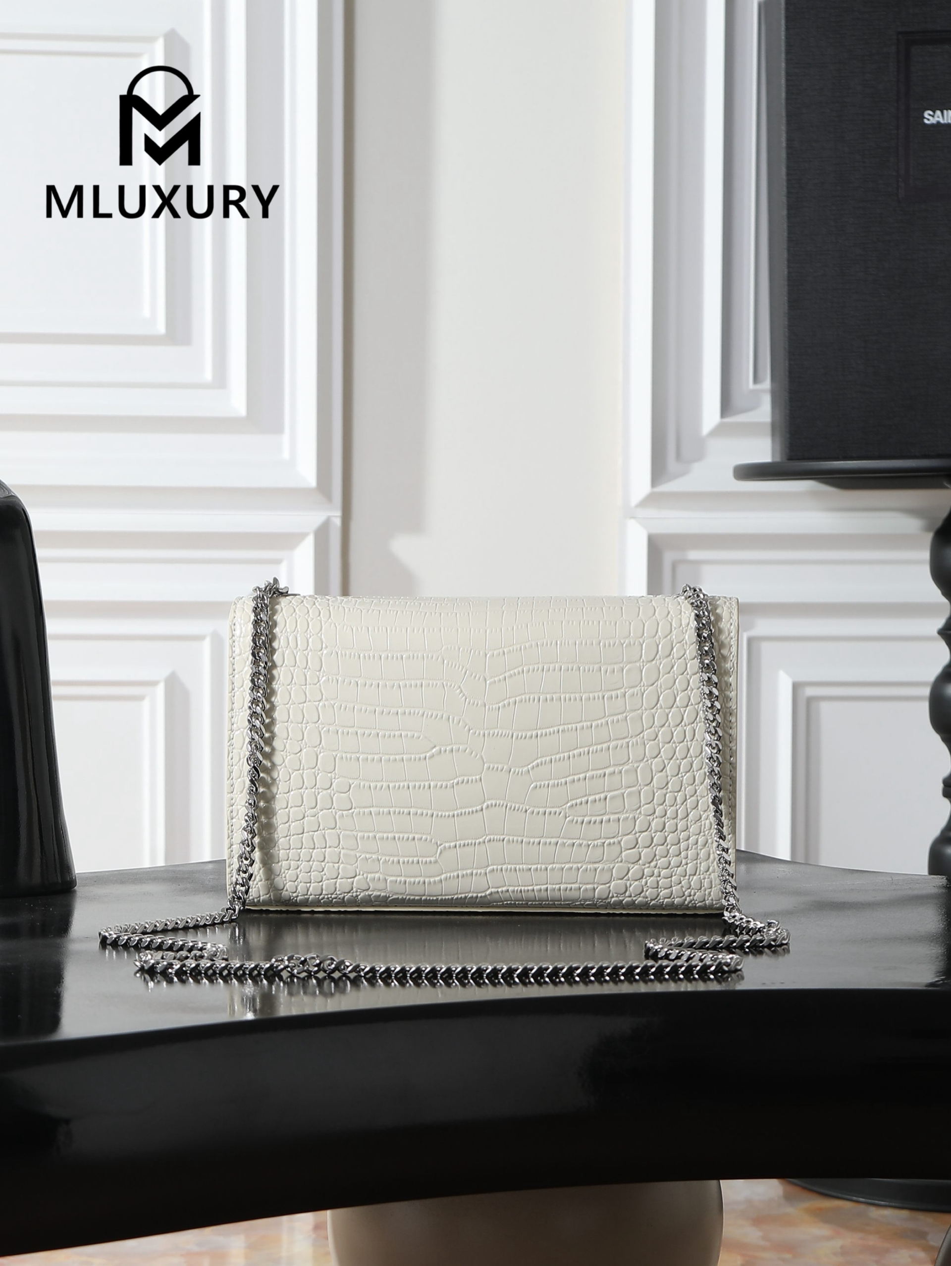 YSL KATE White Crocodile-Embroidered Silver Buckle Tassel Bag