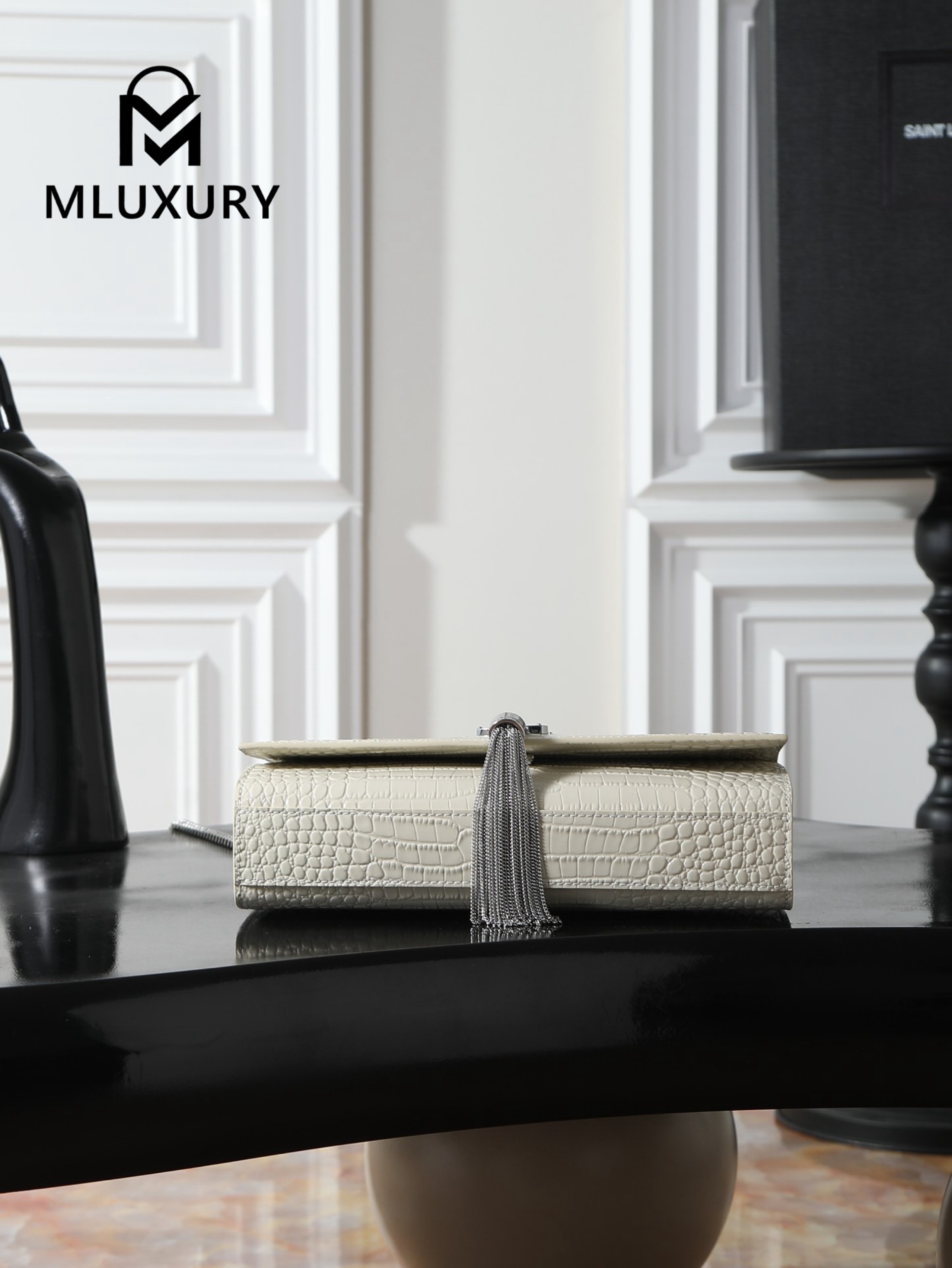 YSL KATE White Crocodile-Embroidered Silver Buckle Tassel Bag