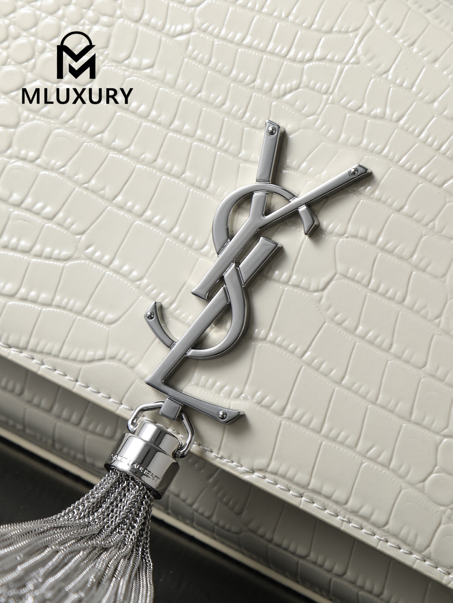 YSL KATE White Crocodile-Embroidered Silver Buckle Tassel Bag