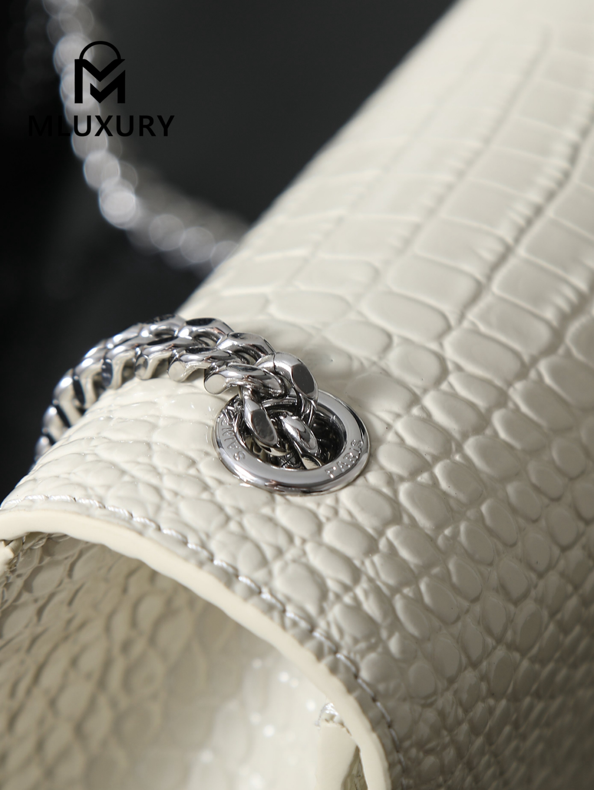 YSL KATE White Crocodile-Embroidered Silver Buckle Tassel Bag