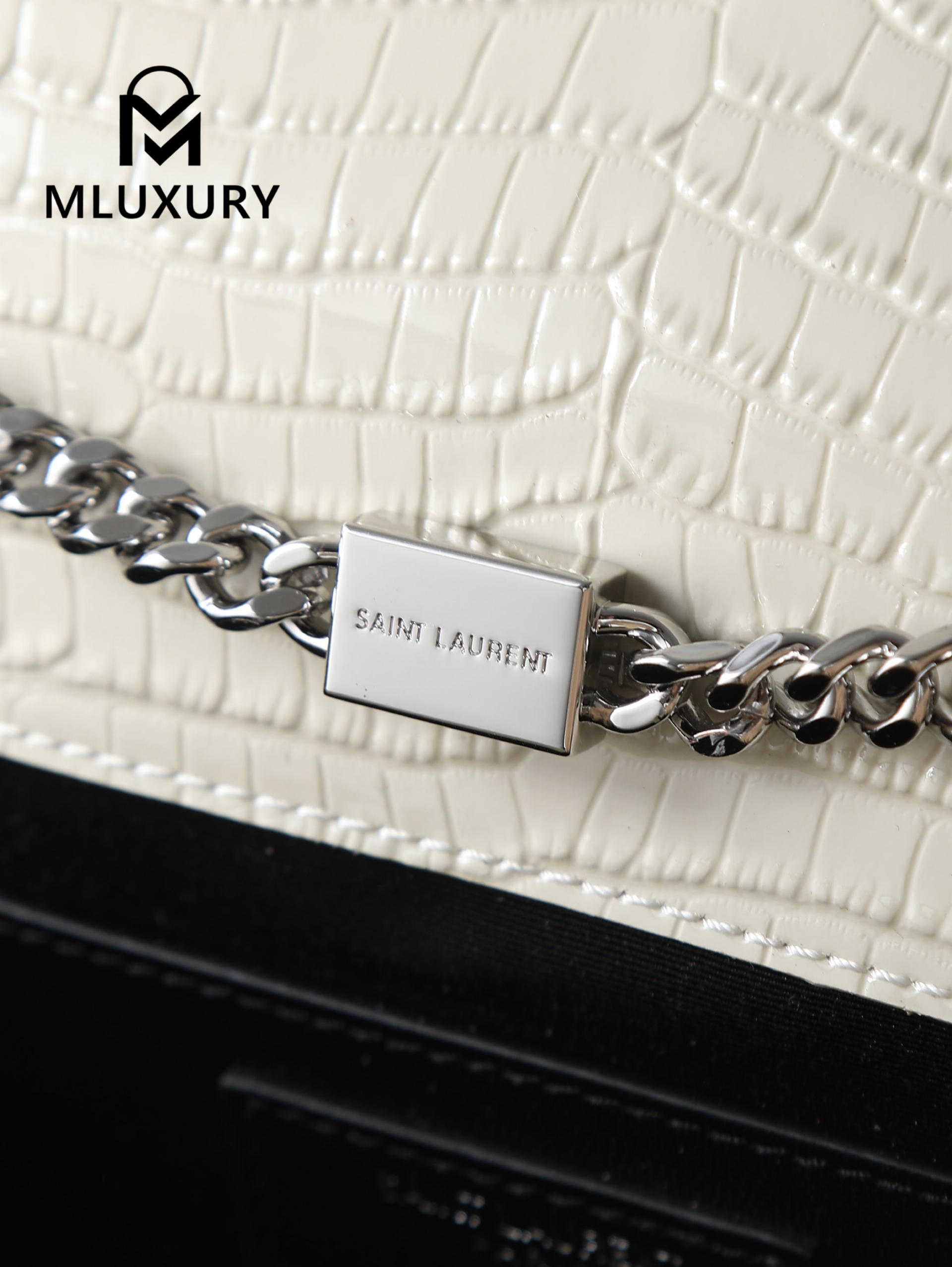 YSL KATE White Crocodile-Embroidered Silver Buckle Tassel Bag