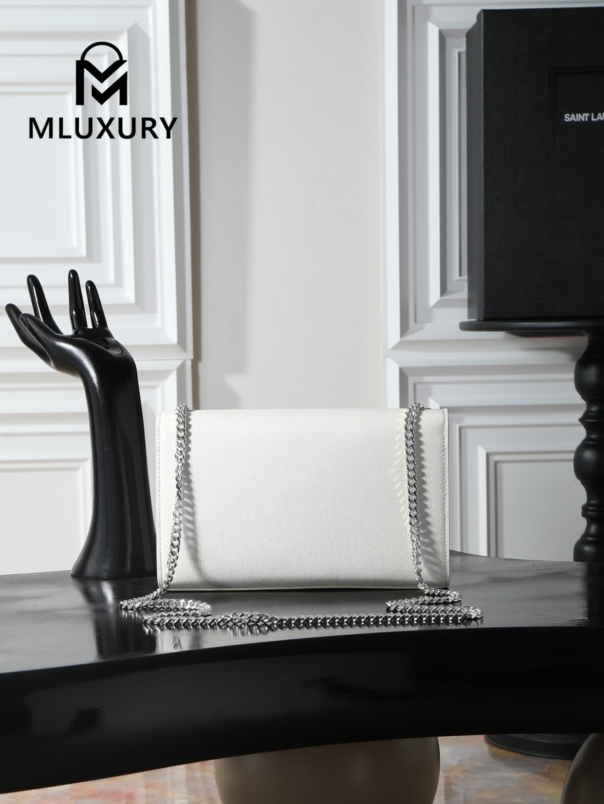 YSL KATE White Caviar Bag with Silver Buckle and Tassel