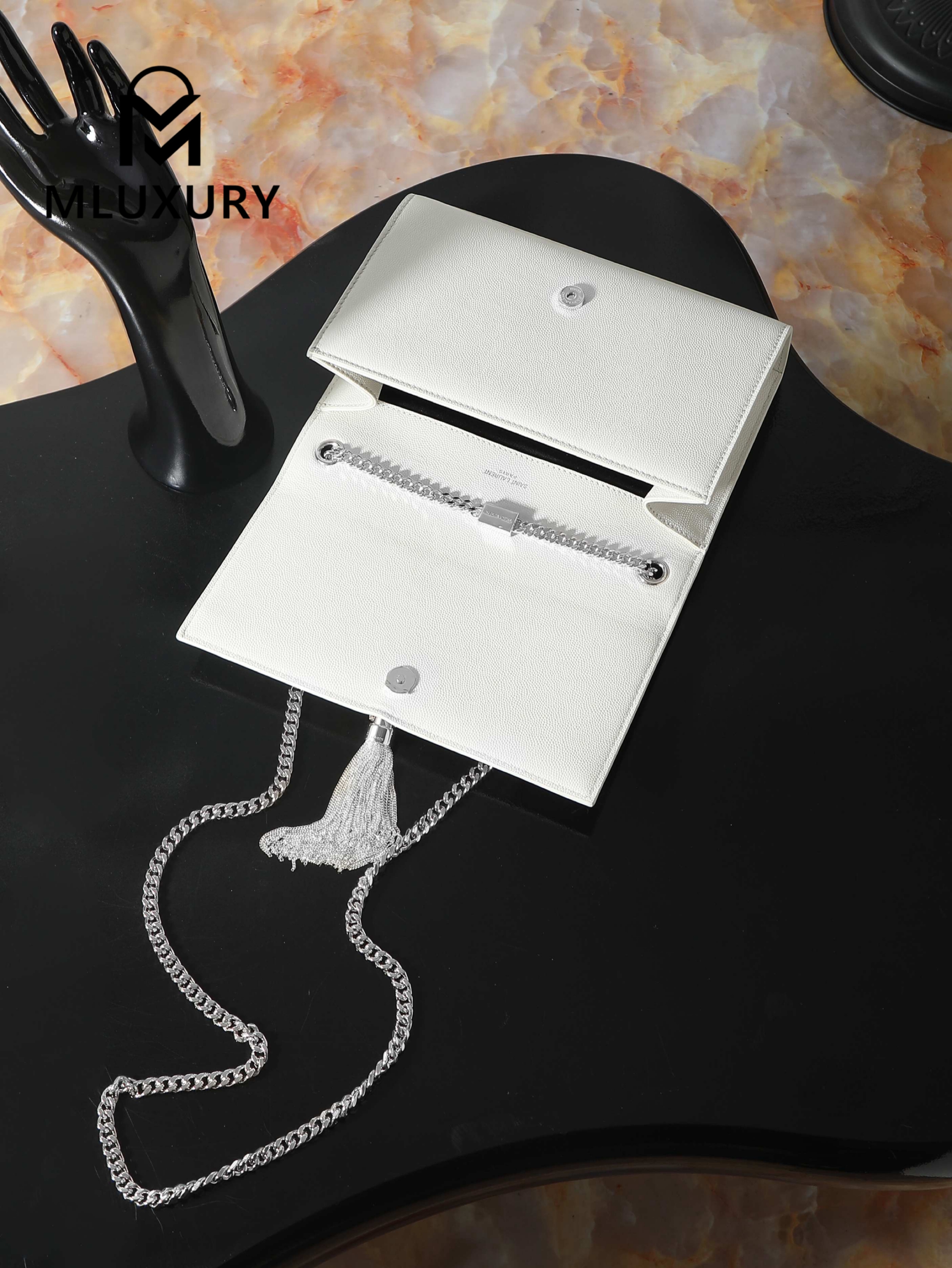 YSL KATE White Caviar Bag with Silver Buckle and Tassel
