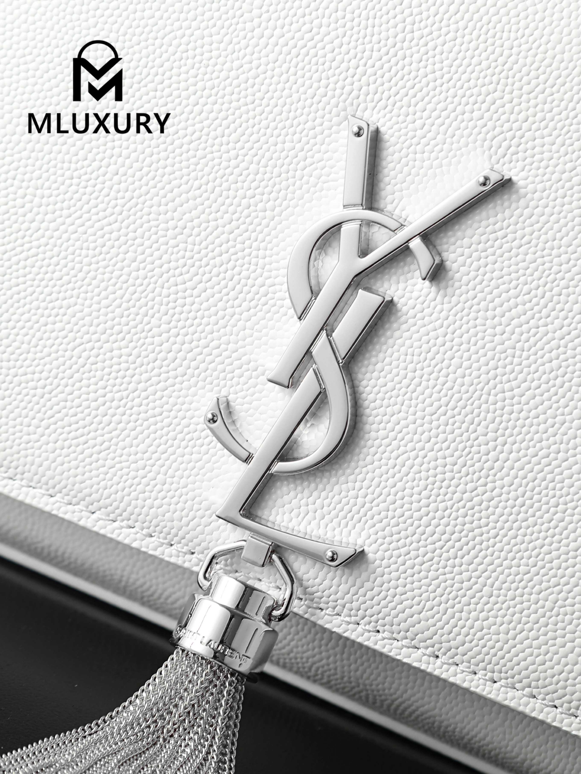 YSL KATE White Caviar Bag with Silver Buckle and Tassel