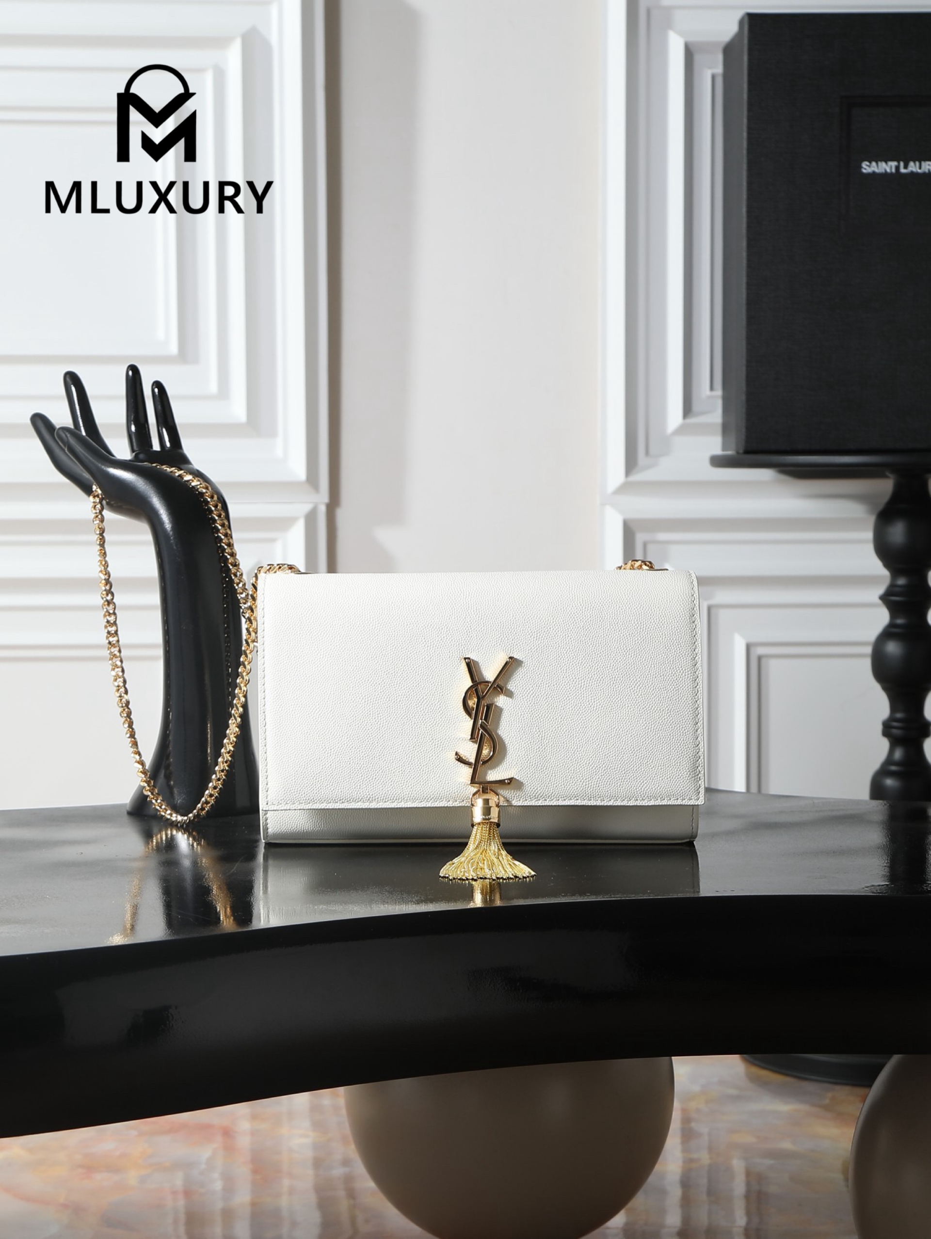 YSL KATE White Caviar Bag with Gold Buckle and Tassel